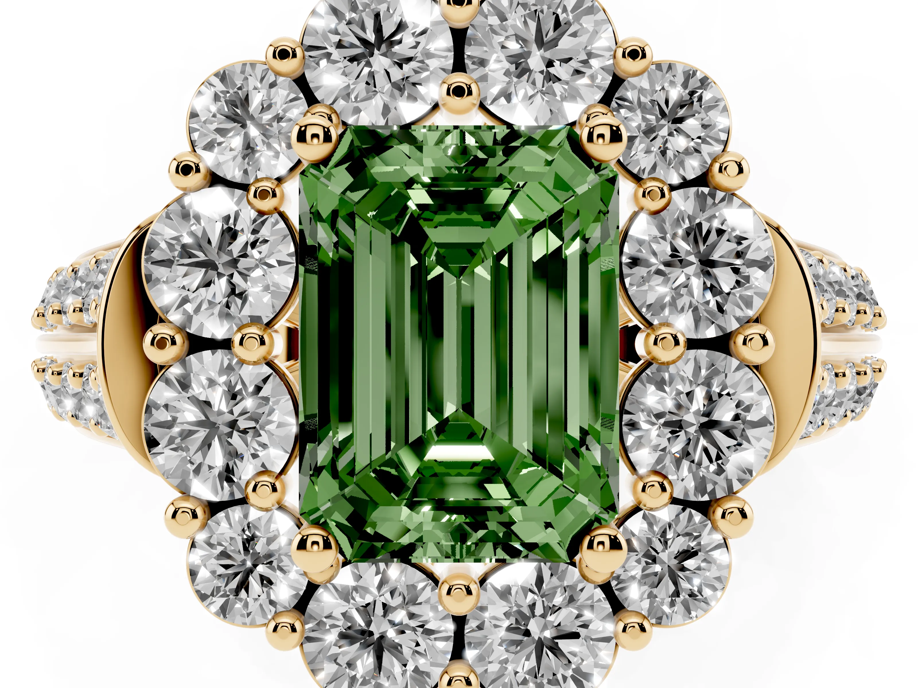 Fancy Green Emerald Cut Diamond Halo Engagement Ring Set in Yellow gold with Split Shank and Prong Setting