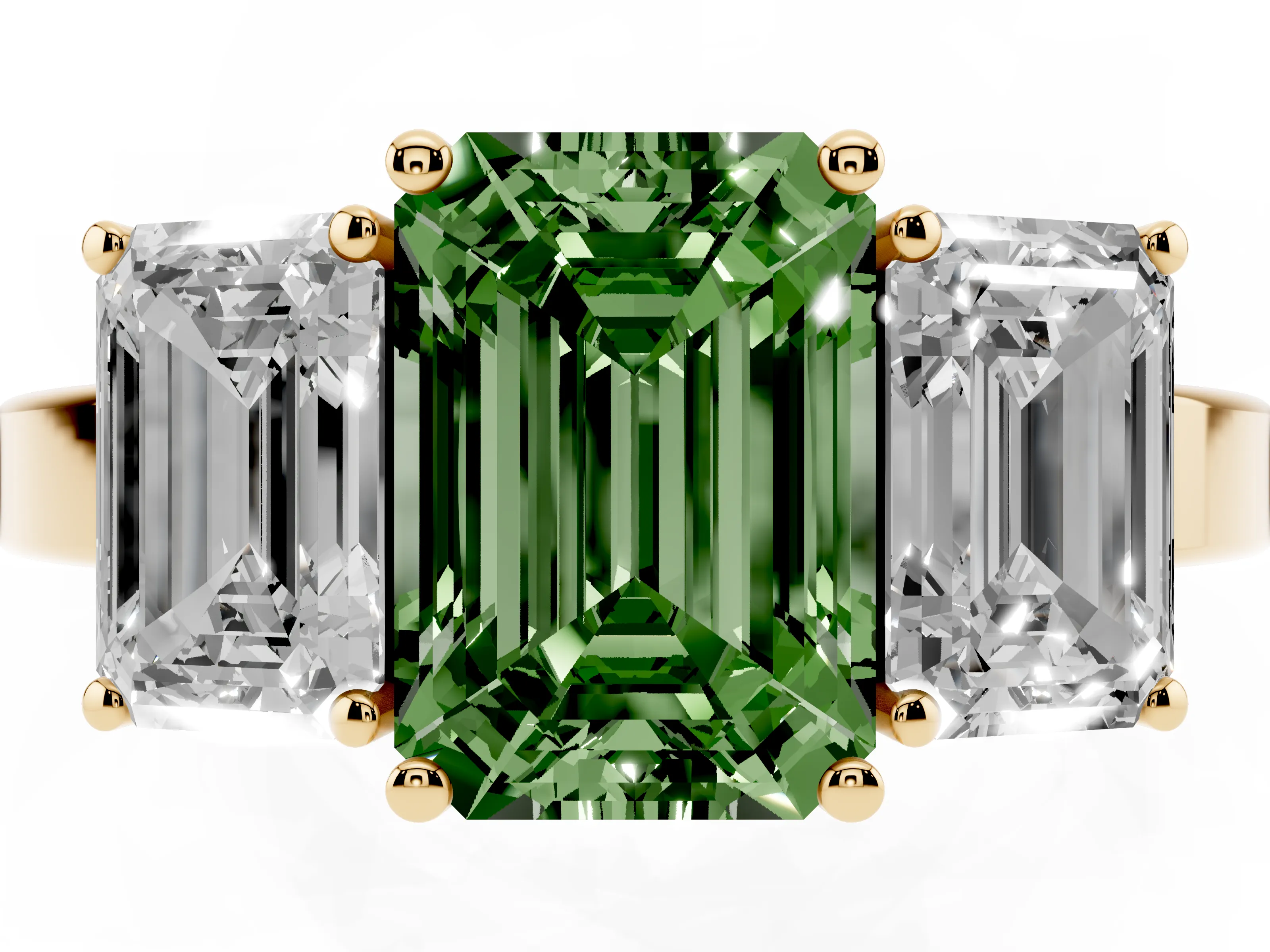 Fancy Green Emerald Cut Diamond Three-Stone Engagement Ring Set in Yellow gold with Flat Band