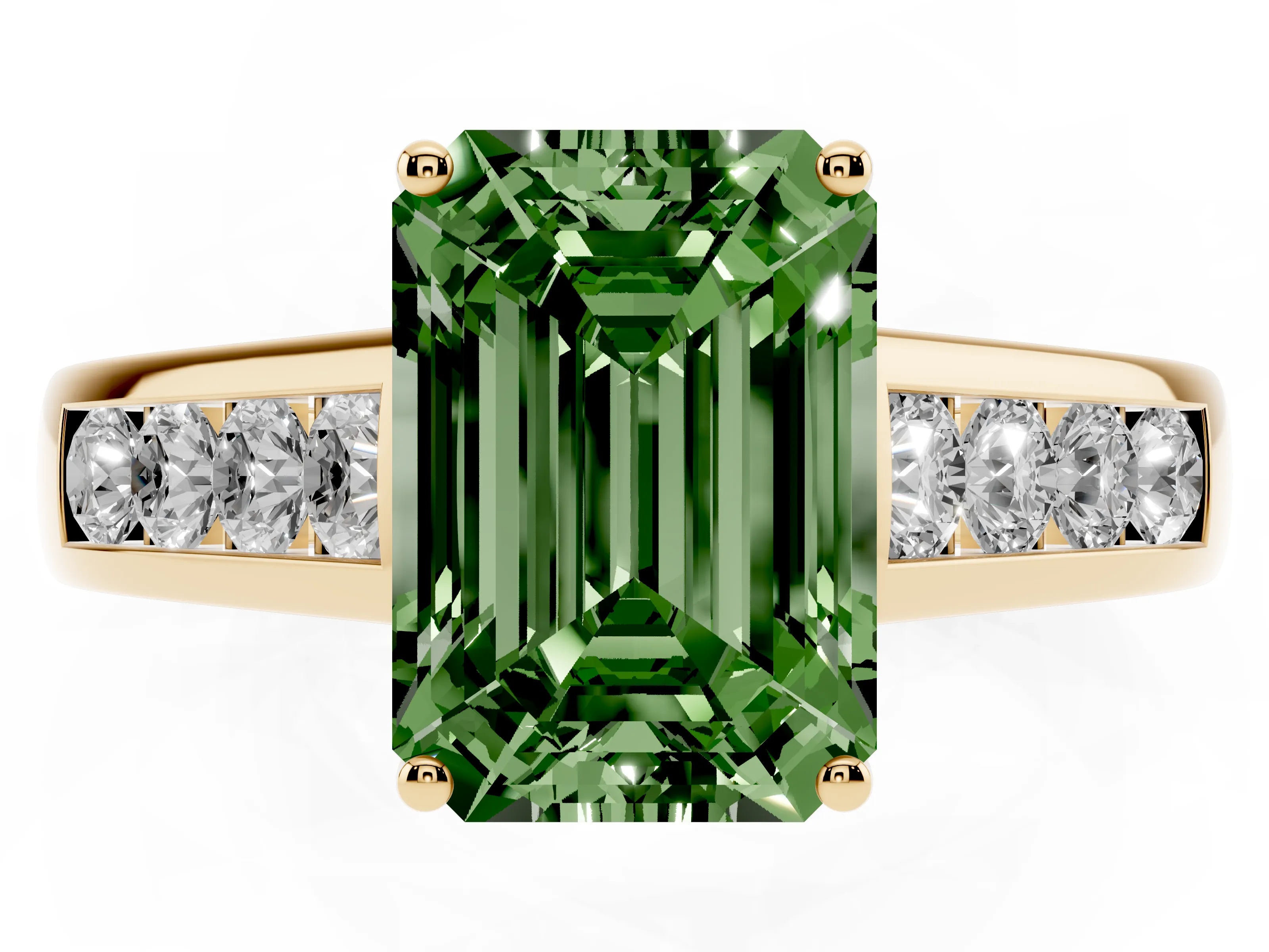Fancy Green Emerald Cut Diamond Brilliant Channel-Set Solitaire Ring Set in Yellow gold with Prong Setting