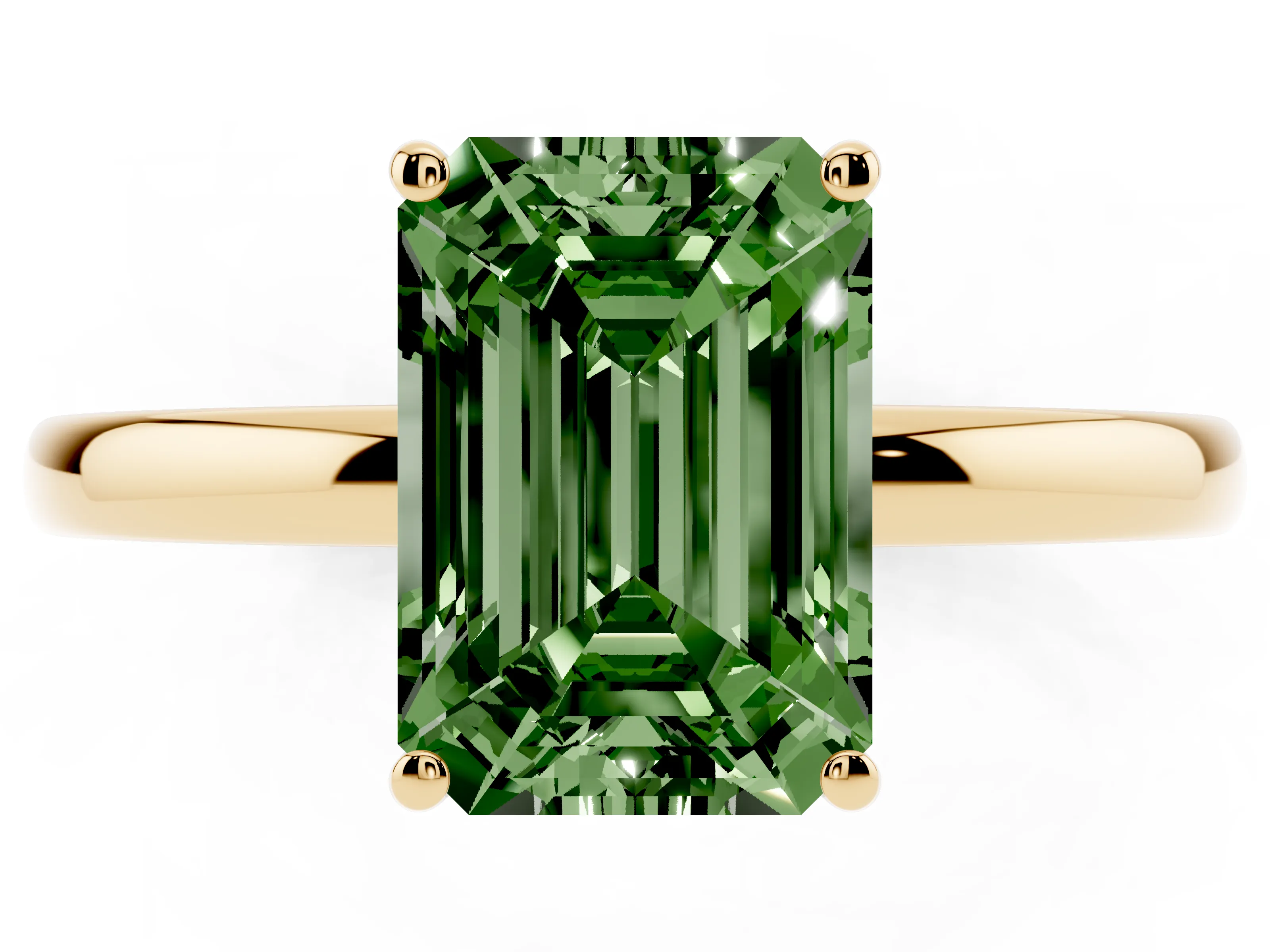 Fancy Green Emerald Cut Diamond Solitaire Ring Set in Yellow gold with Plain Band and Prong Setting
