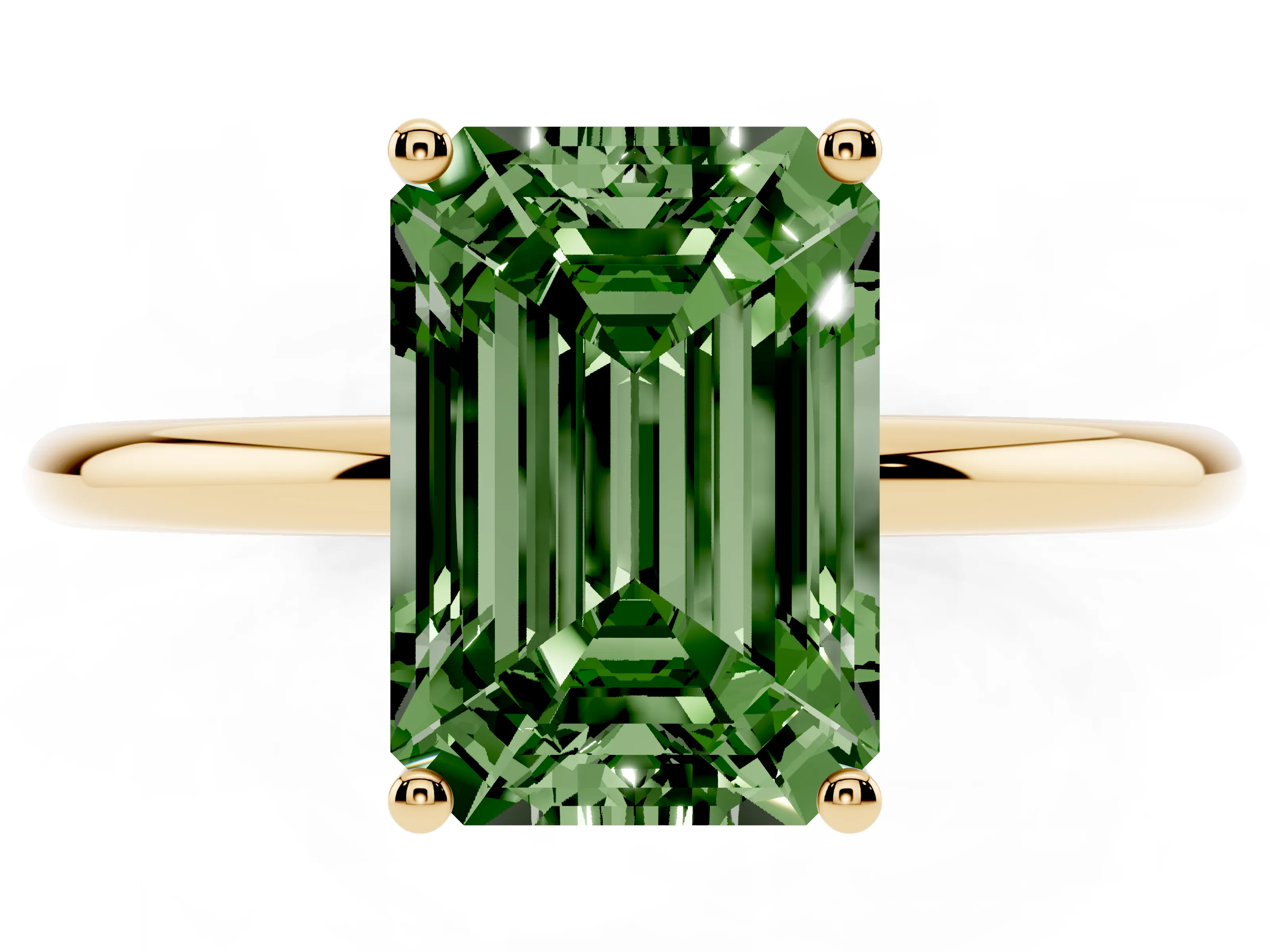 Fancy Green Emerald Cut Diamond Solitaire Engagement Ring Set in Yellow gold with Thin Band and Prong Setting