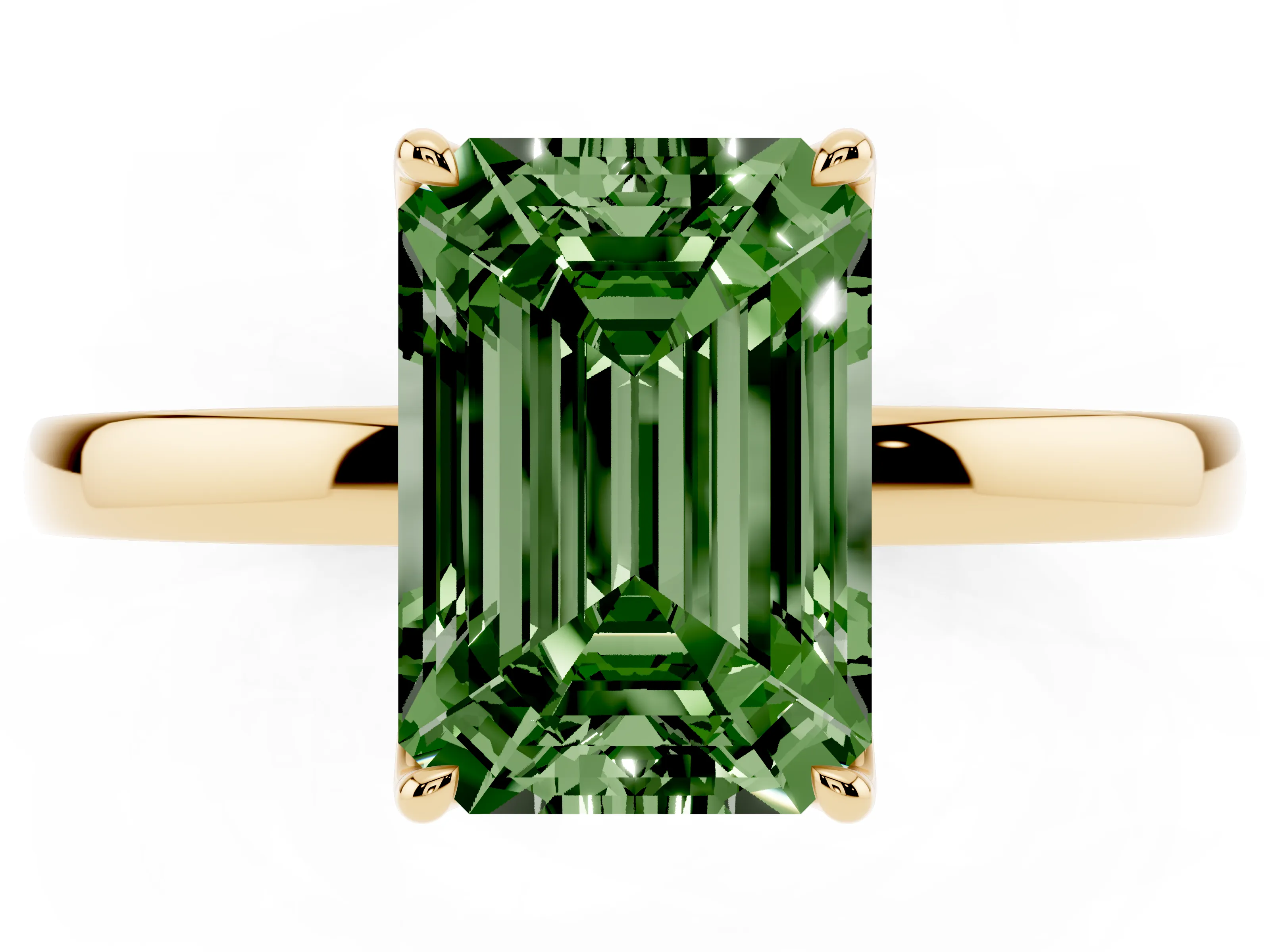 Fancy Green Emerald Cut Diamond Solitaire Ring Set in Yellow gold with Prong Setting and Thin Polished Band