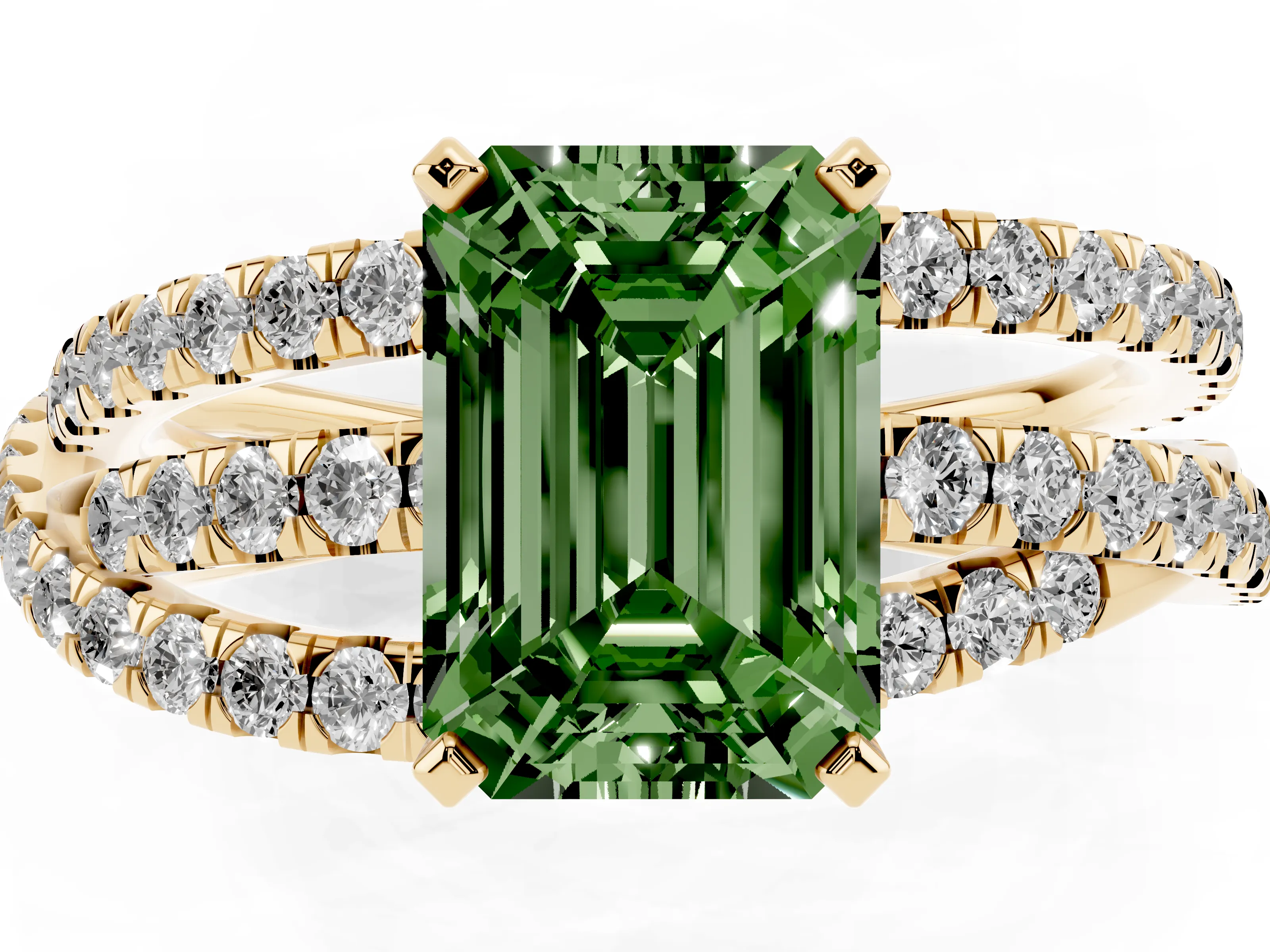 Fancy Green Emerald Cut Diamond Solitaire Twist Band Ring Set in Yellow gold with Pavé Setting and Prong Head