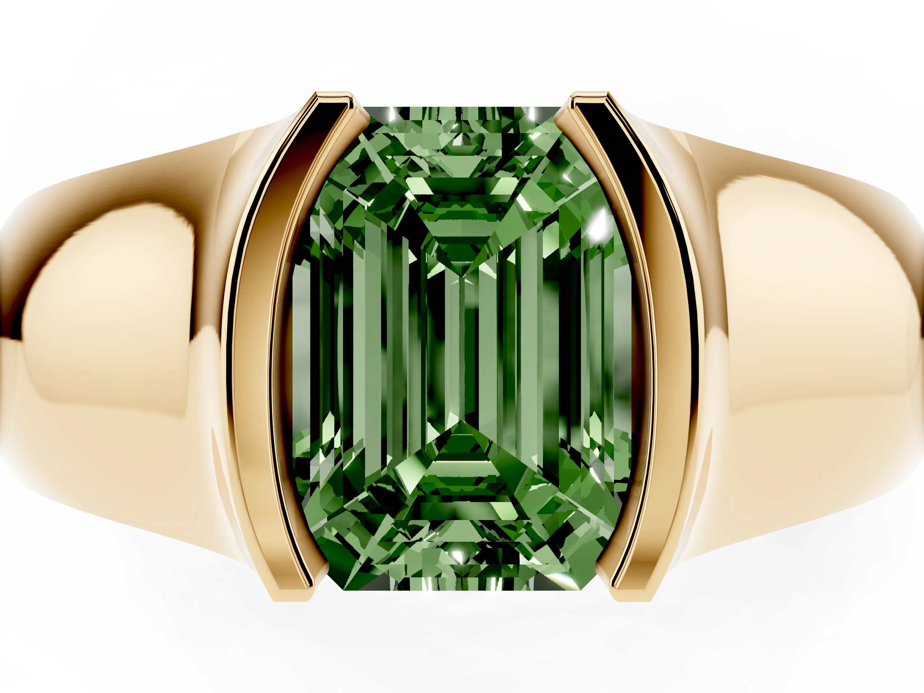 Fancy Green Emerald Cut Diamond Bezel Solitaire Ring Set in Yellow gold with Wide Band