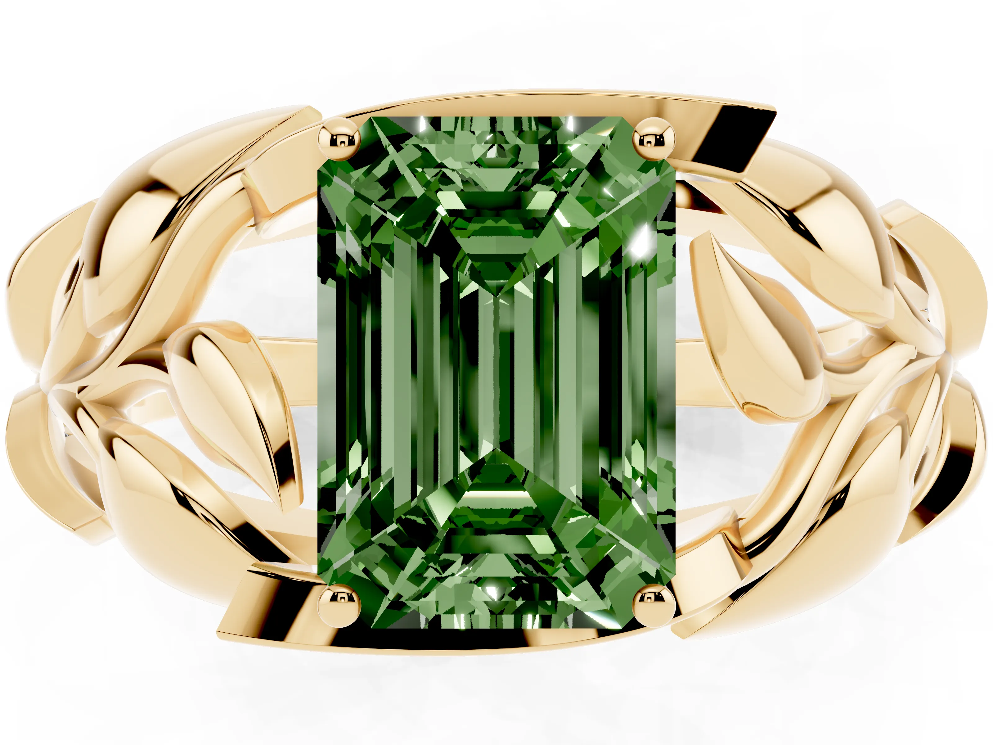 Fancy Green Emerald Cut Diamond Leaf-Inspired Engagement Ring Set in Yellow gold with Round Accents
