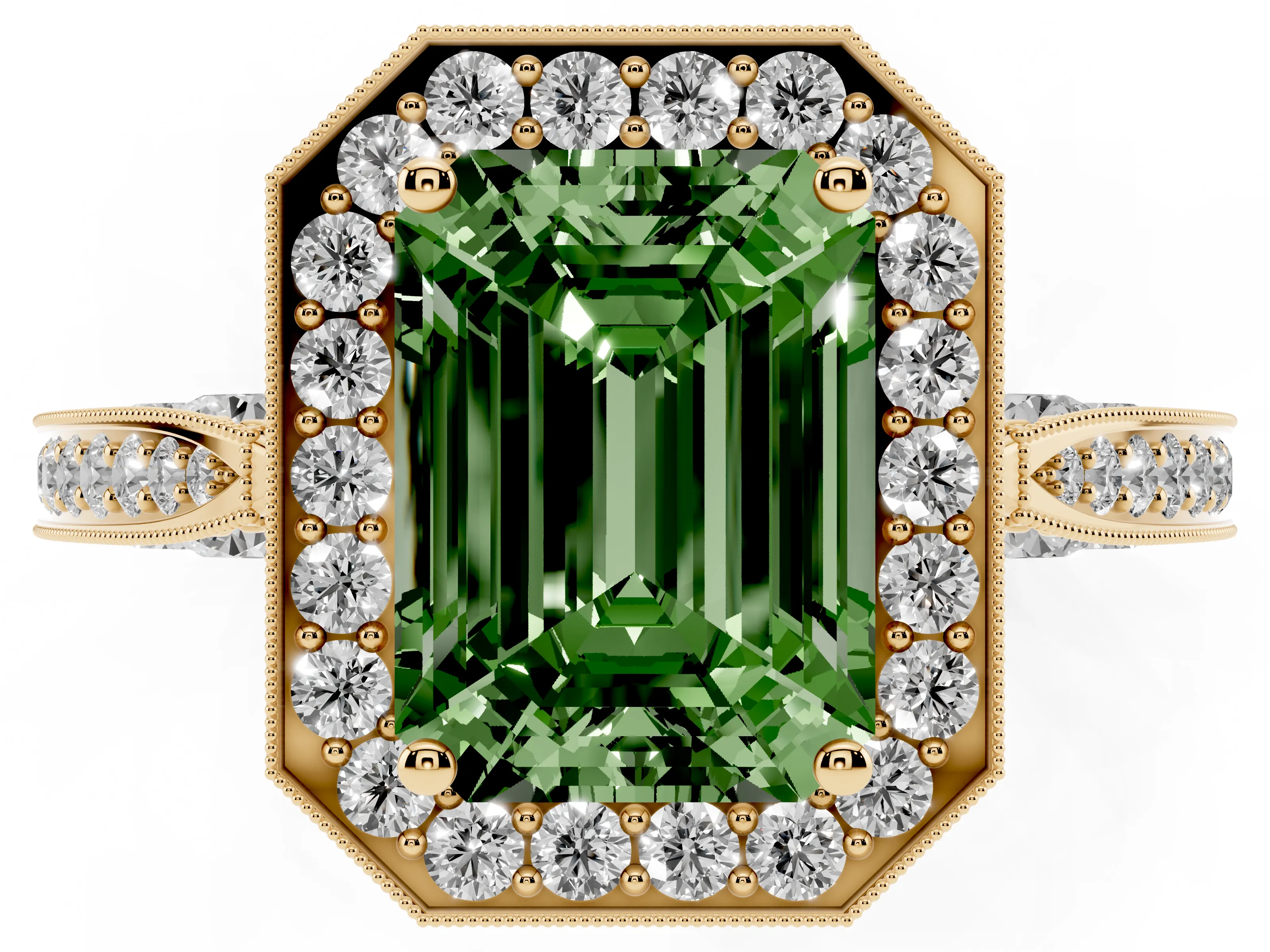 Fancy Green Emerald Cut Diamond Halo Engagement Ring Set in Yellow gold with Accent Split Shank Band