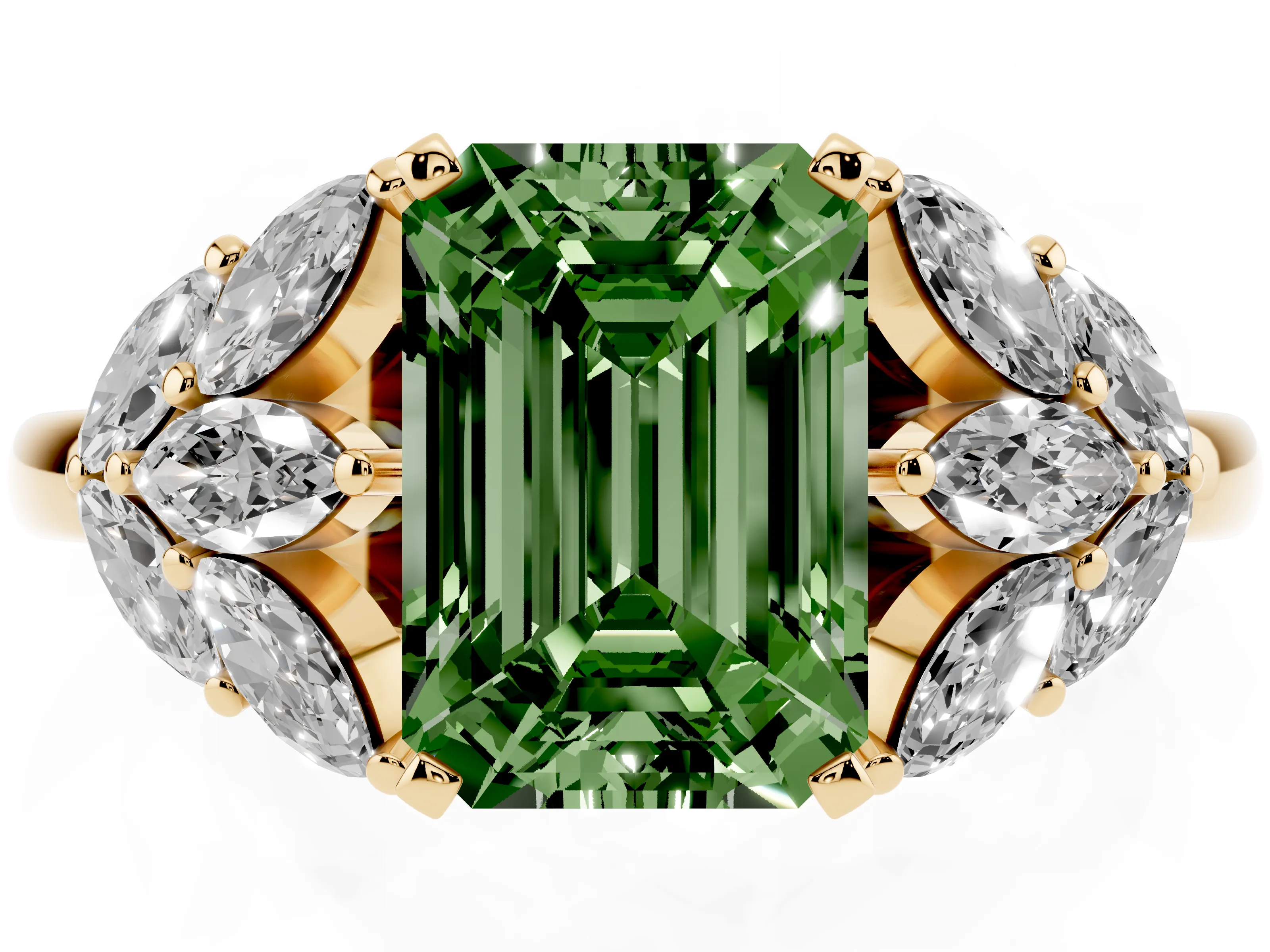 Fancy Green Emerald Cut Diamond Cluster Leaf Design Ring Set in Yellow gold with Prong Setting