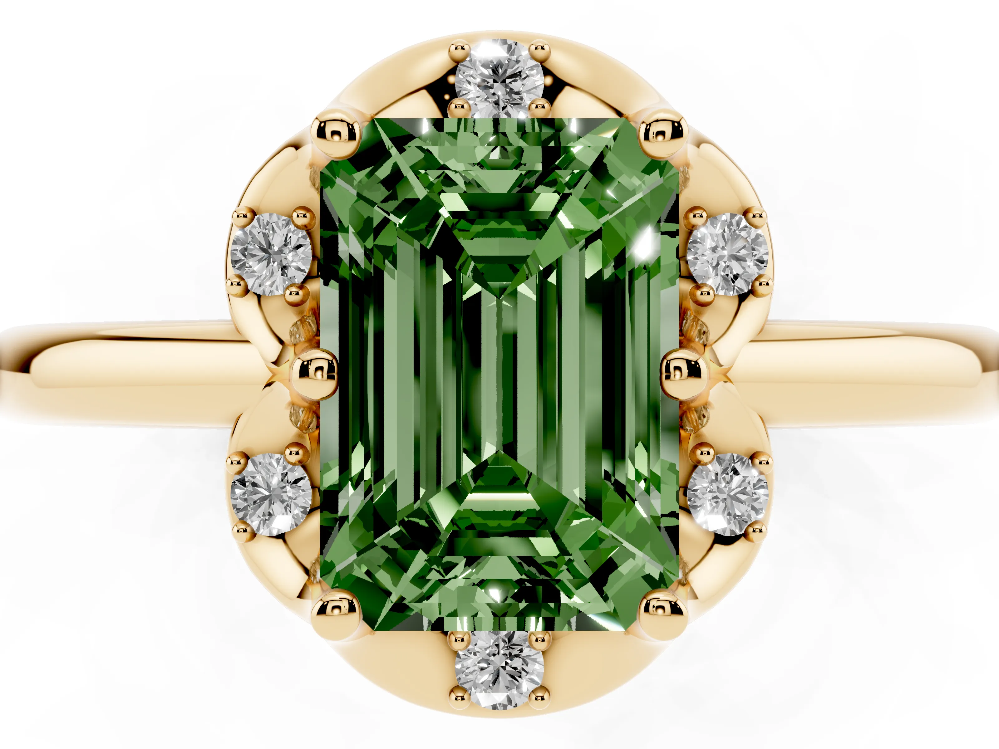 Fancy Green Emerald Cut Diamond Round Cluster Halo Ring Set in Yellow gold with Solitaire Band and Prong Setting
