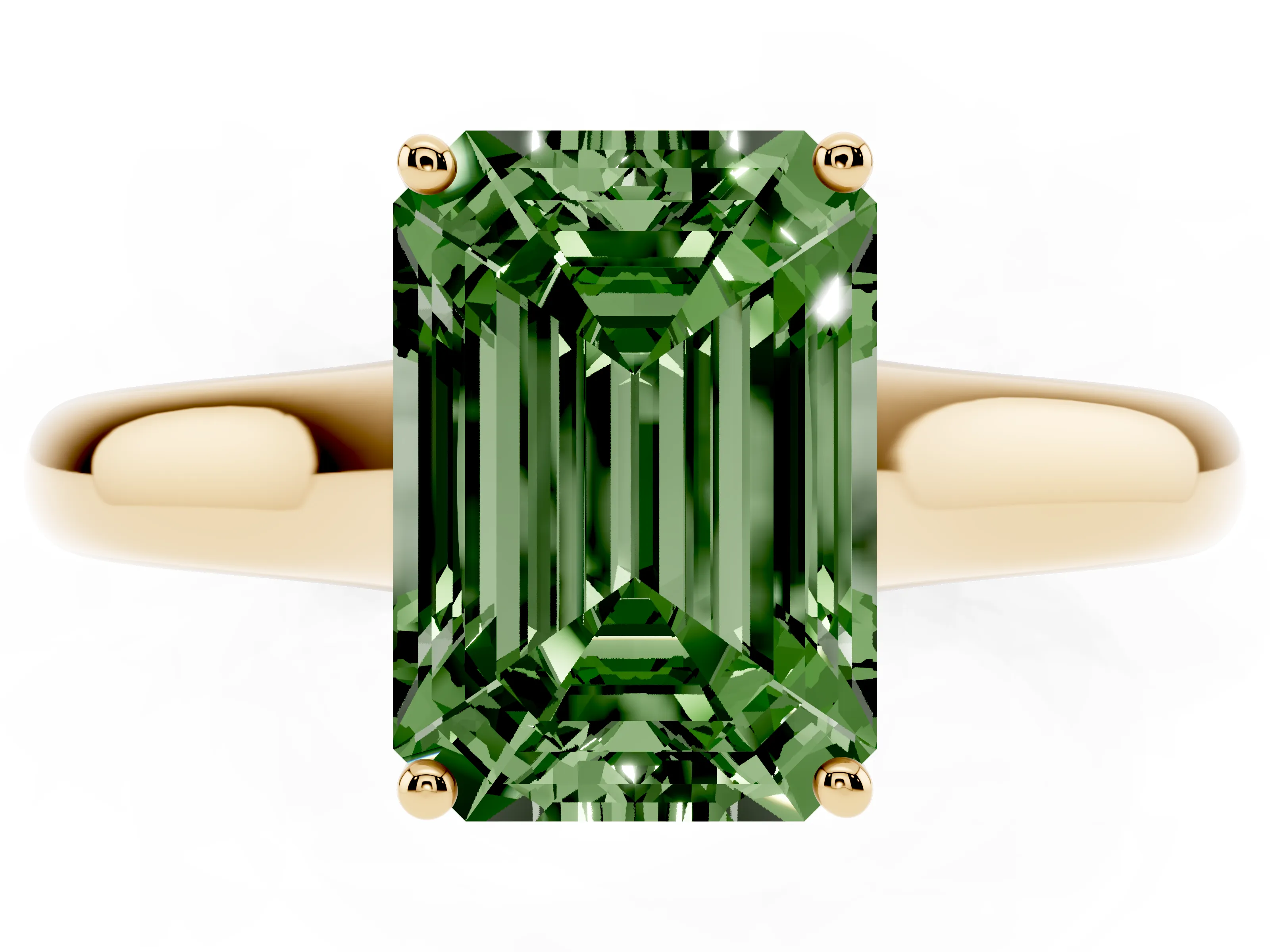 Fancy Green Emerald Cut Diamond Solitaire Engagement Ring Set in Yellow gold with Subtly Tapered Band and Prong Setting