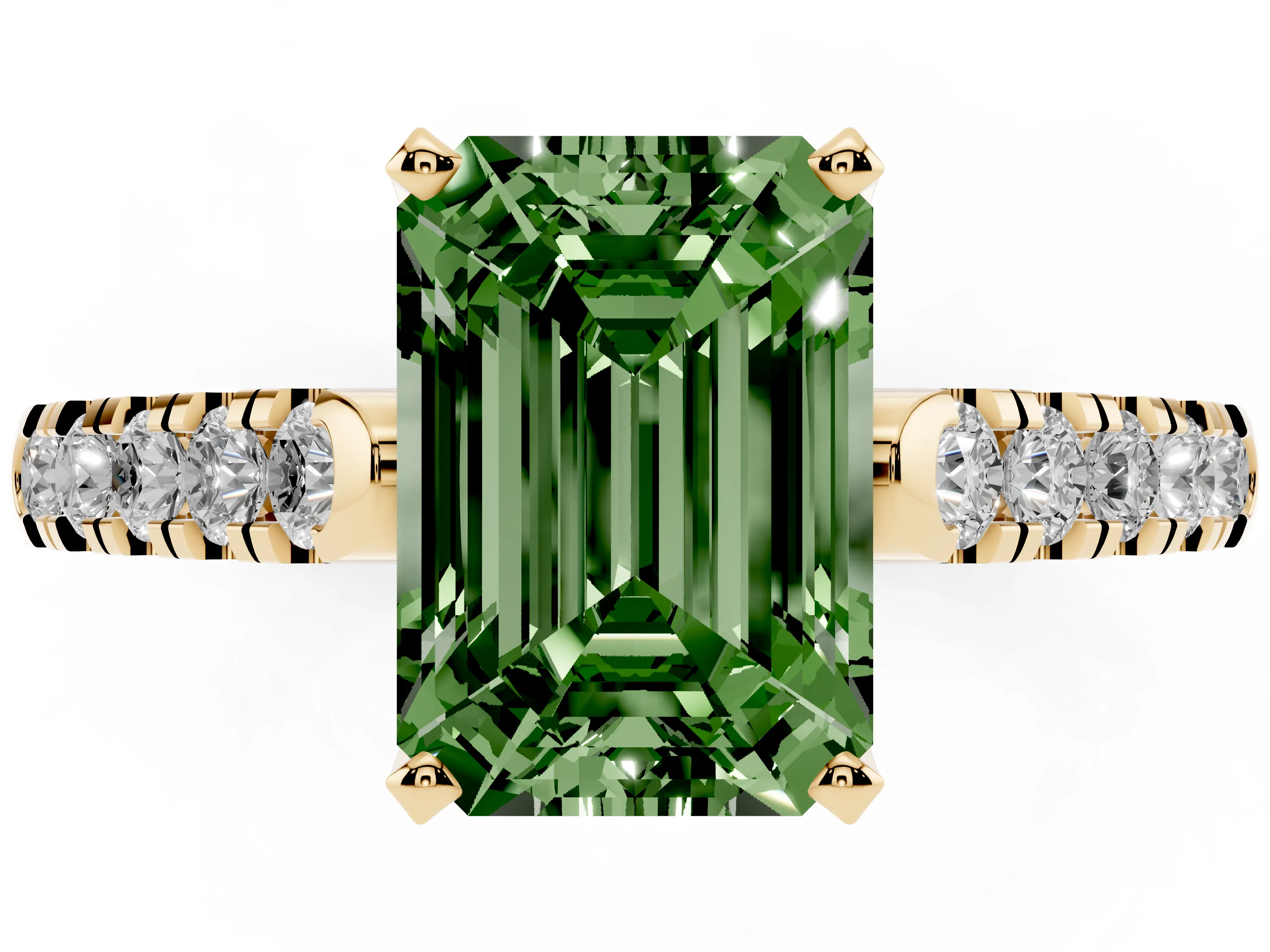 Fancy Green Emerald Cut Diamond Pavé Band Solitaire Ring Set in Yellow gold with Partway Accent Stones and Prong Setting