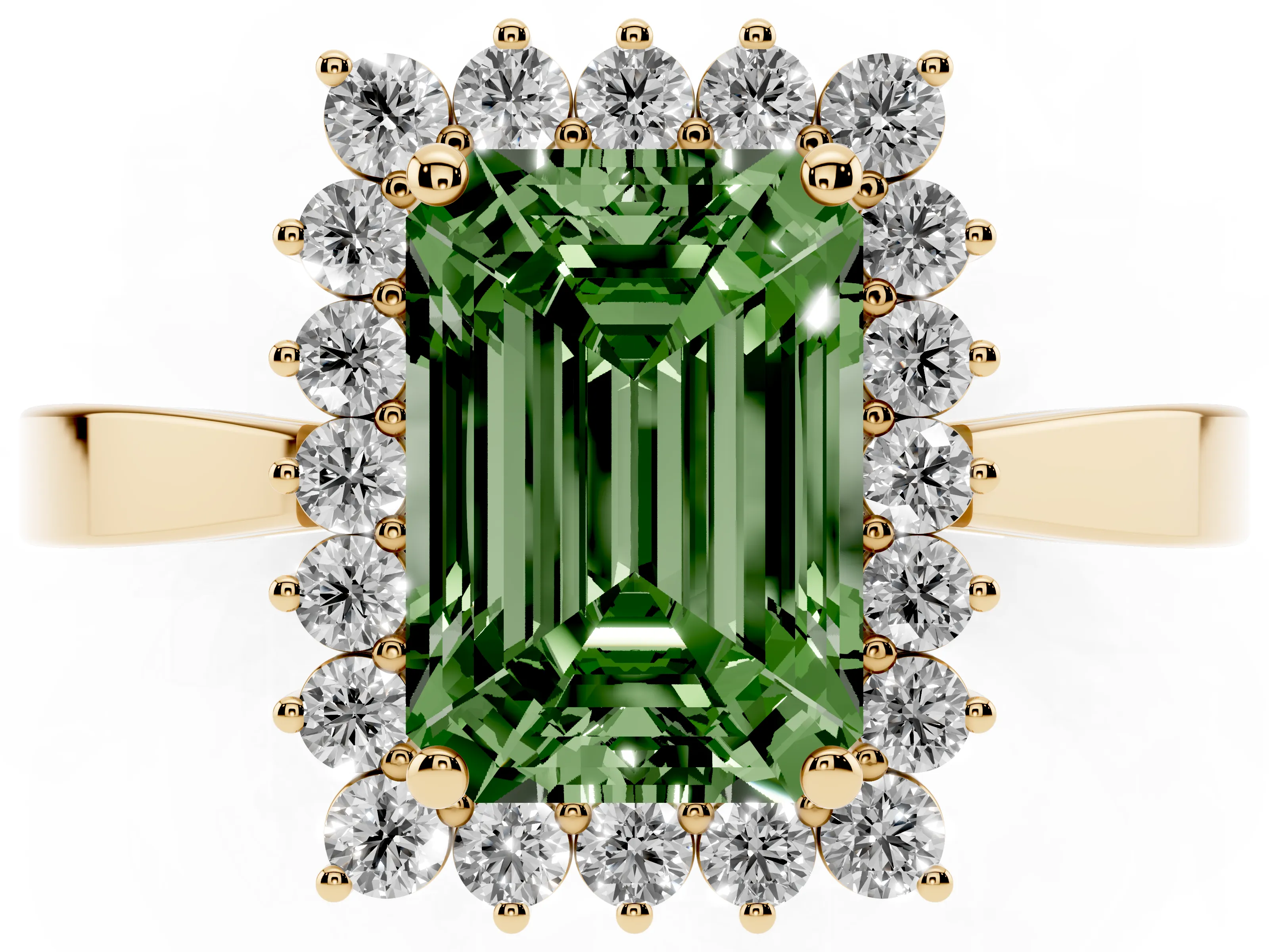 Fancy Green Emerald Cut Diamond Halo Ring Set in Yellow gold with Round Halo and Smooth Solitaire Band