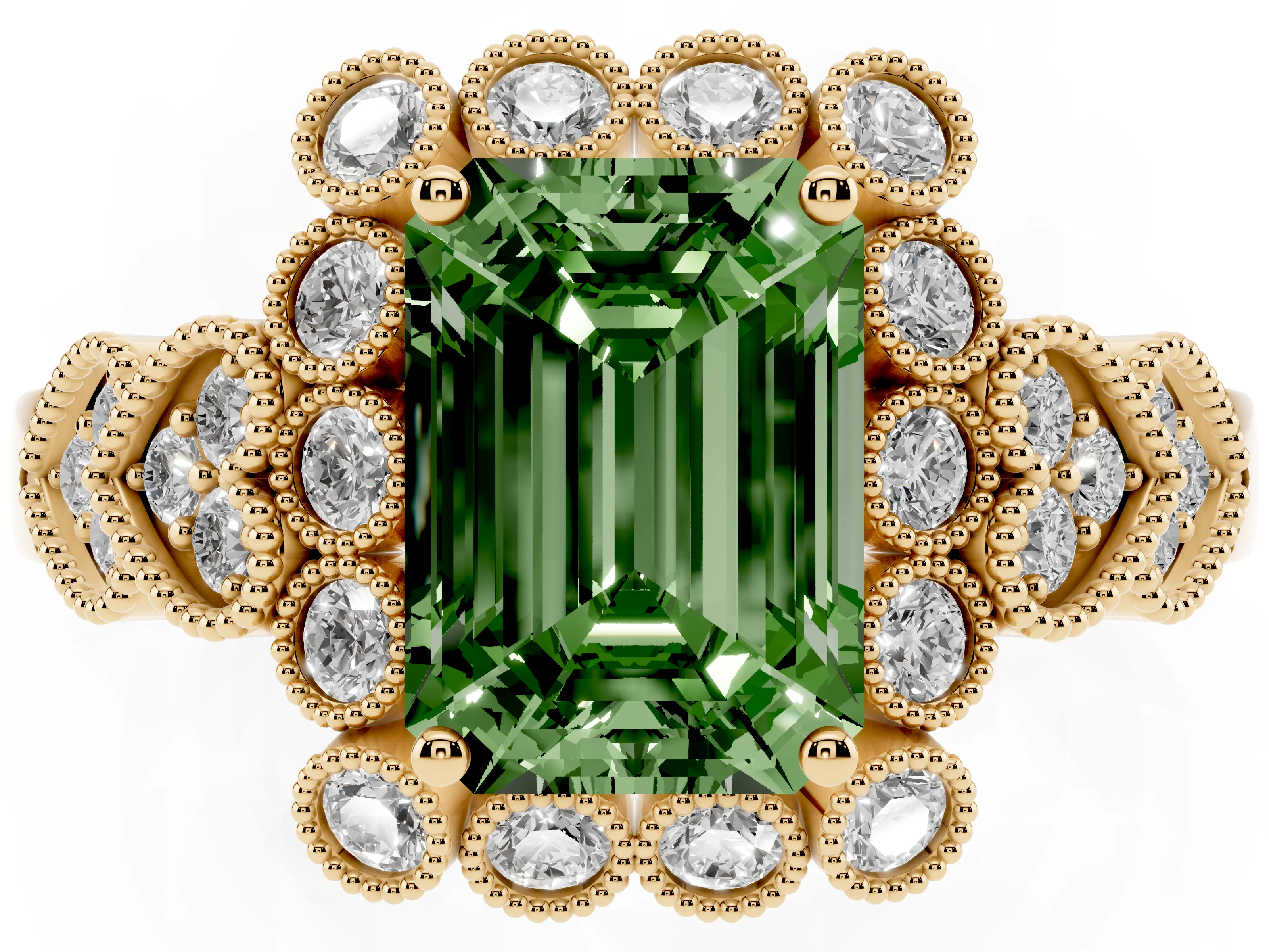Fancy Green Emerald Cut Diamond Solitaire Ring Set in Yellow gold with Milgrain Pavé Heart Band