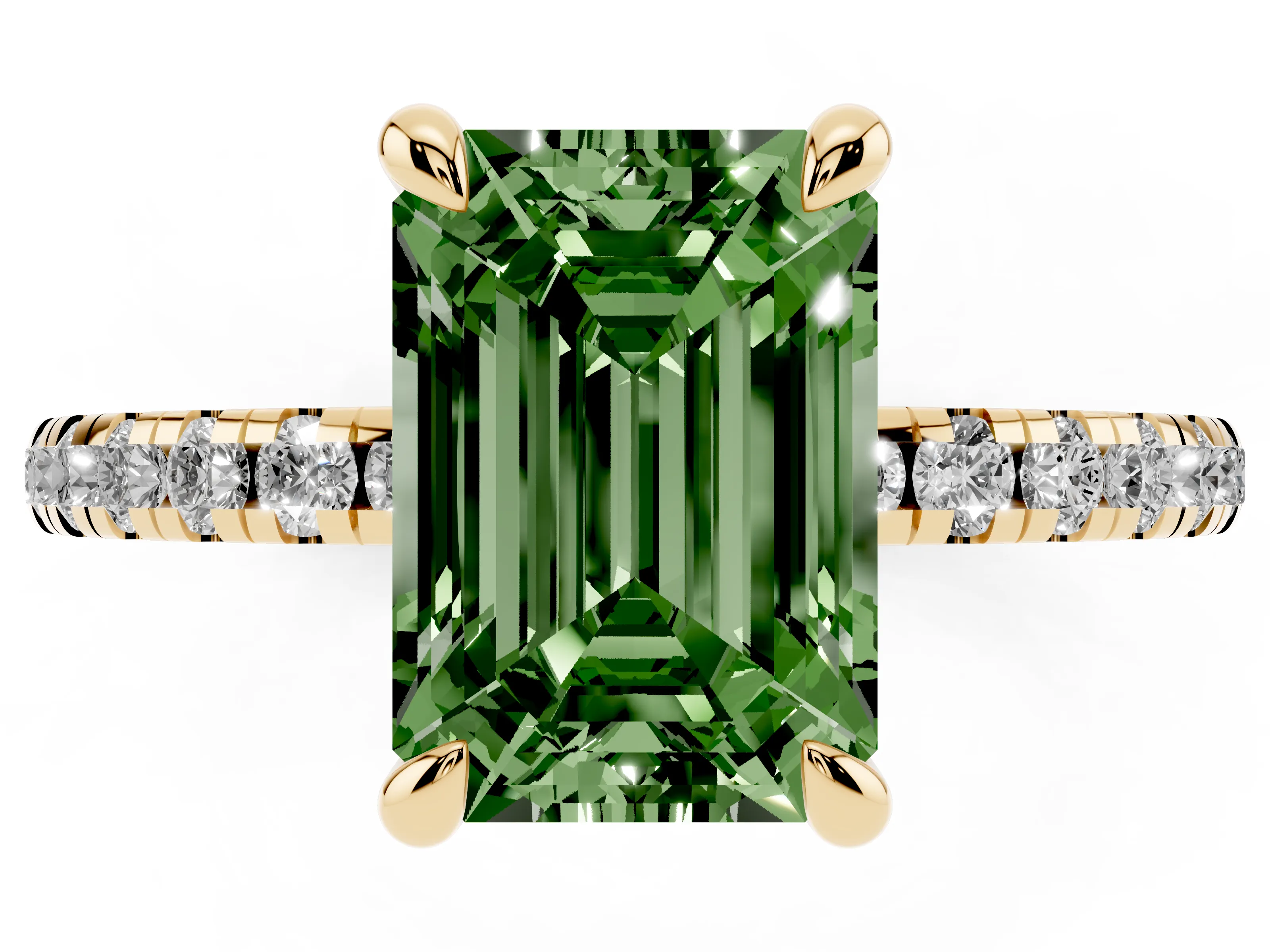 Fancy Green Emerald Cut Diamond Brilliant Solitaire Ring Set in Yellow gold with Pavé Band and Prong Setting