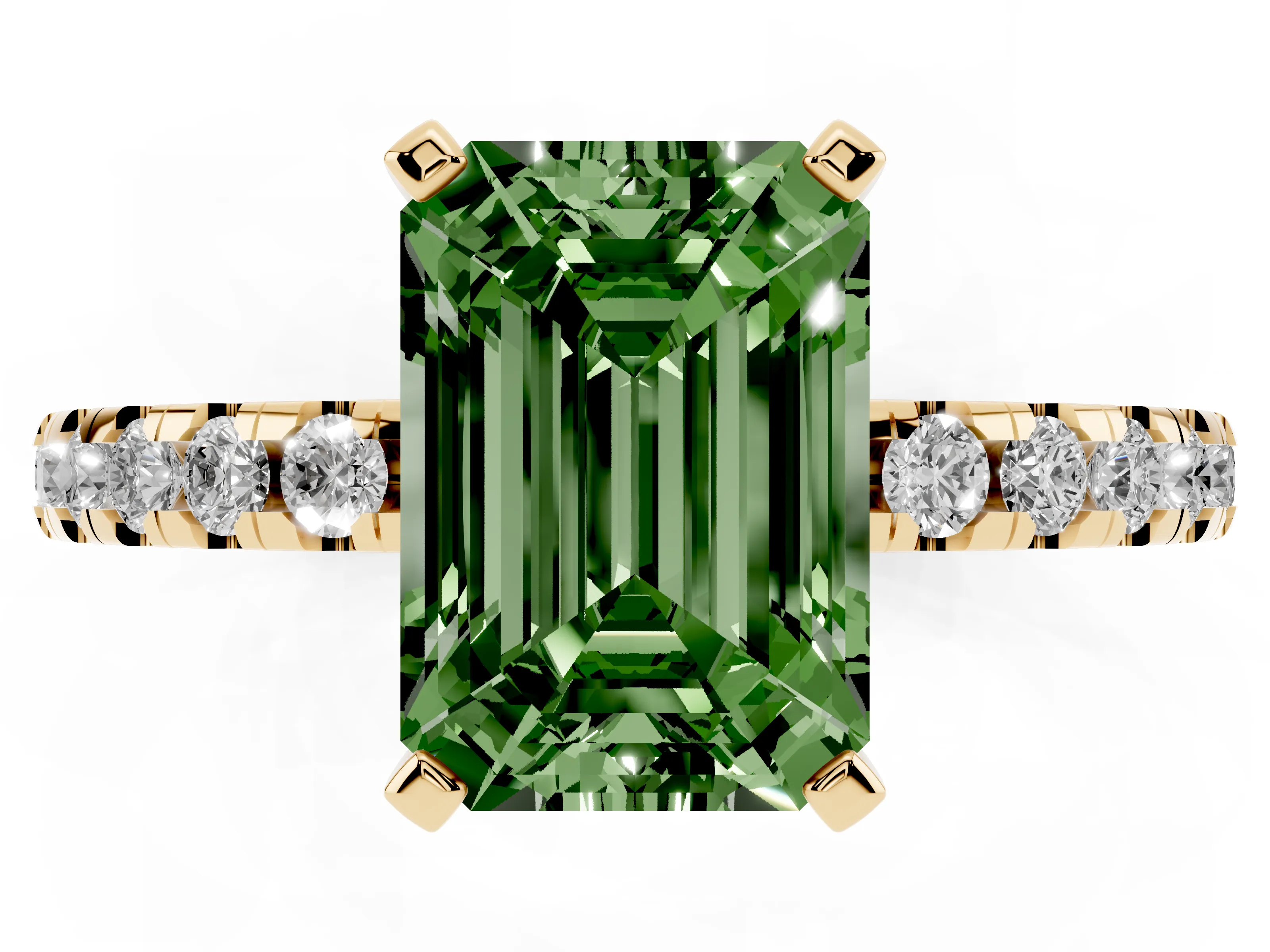 Fancy Green Emerald Cut Diamond Pavé Solitaire Ring Set in Yellow gold with Round Band Accents and Prong Setting