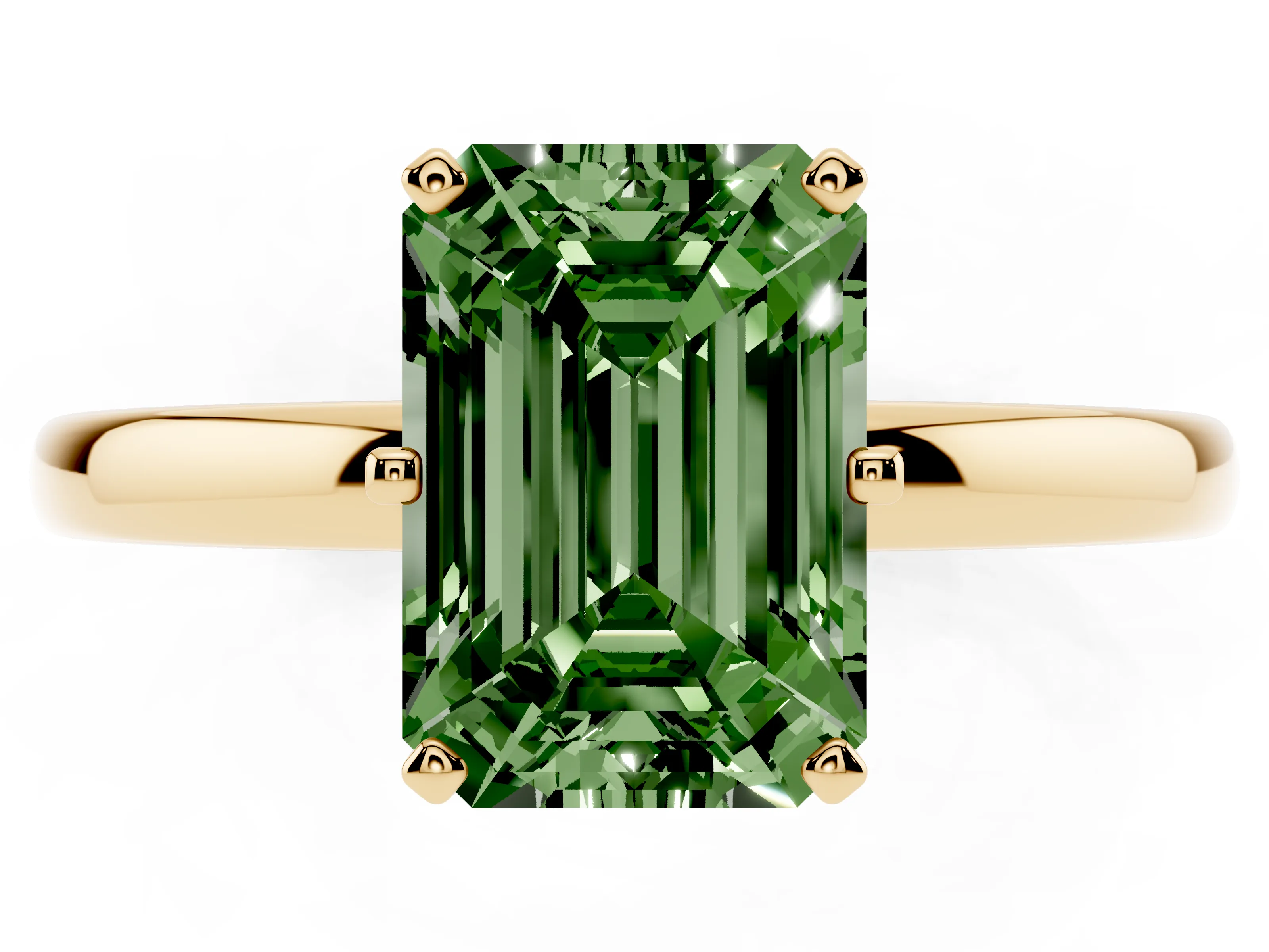 Fancy Green Emerald Cut Diamond Solitaire Ring Set in Yellow gold with Raised Prong Setting on a Classic Band