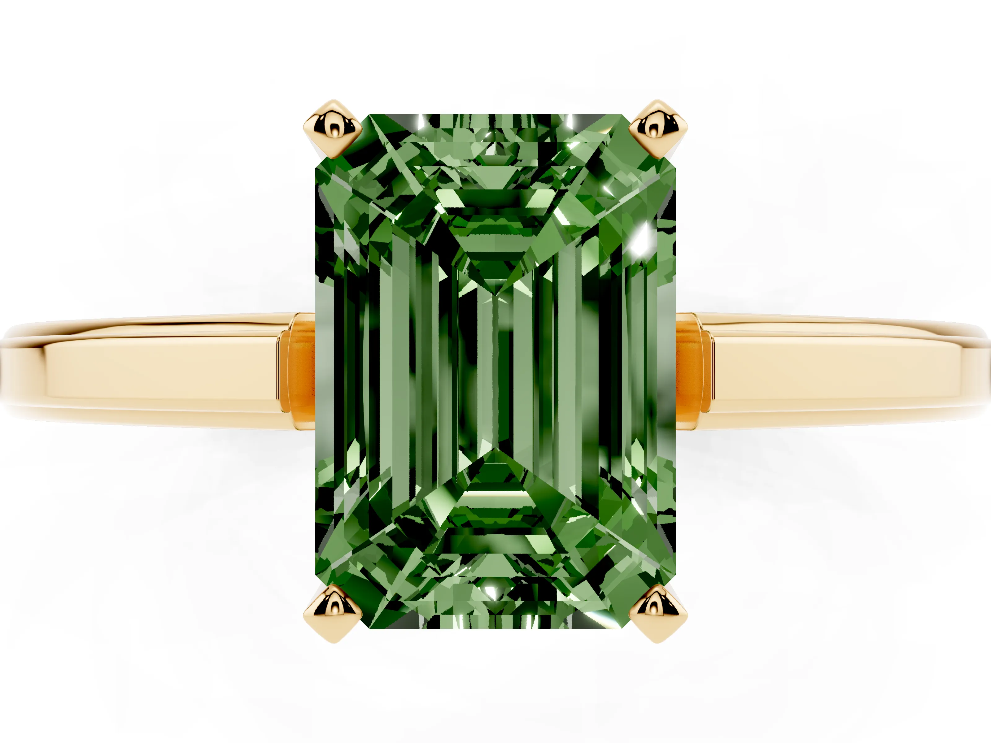 Fancy Green Emerald Cut Diamond Solitaire Ring Set in Yellow gold with Prong Setting and Classic Band