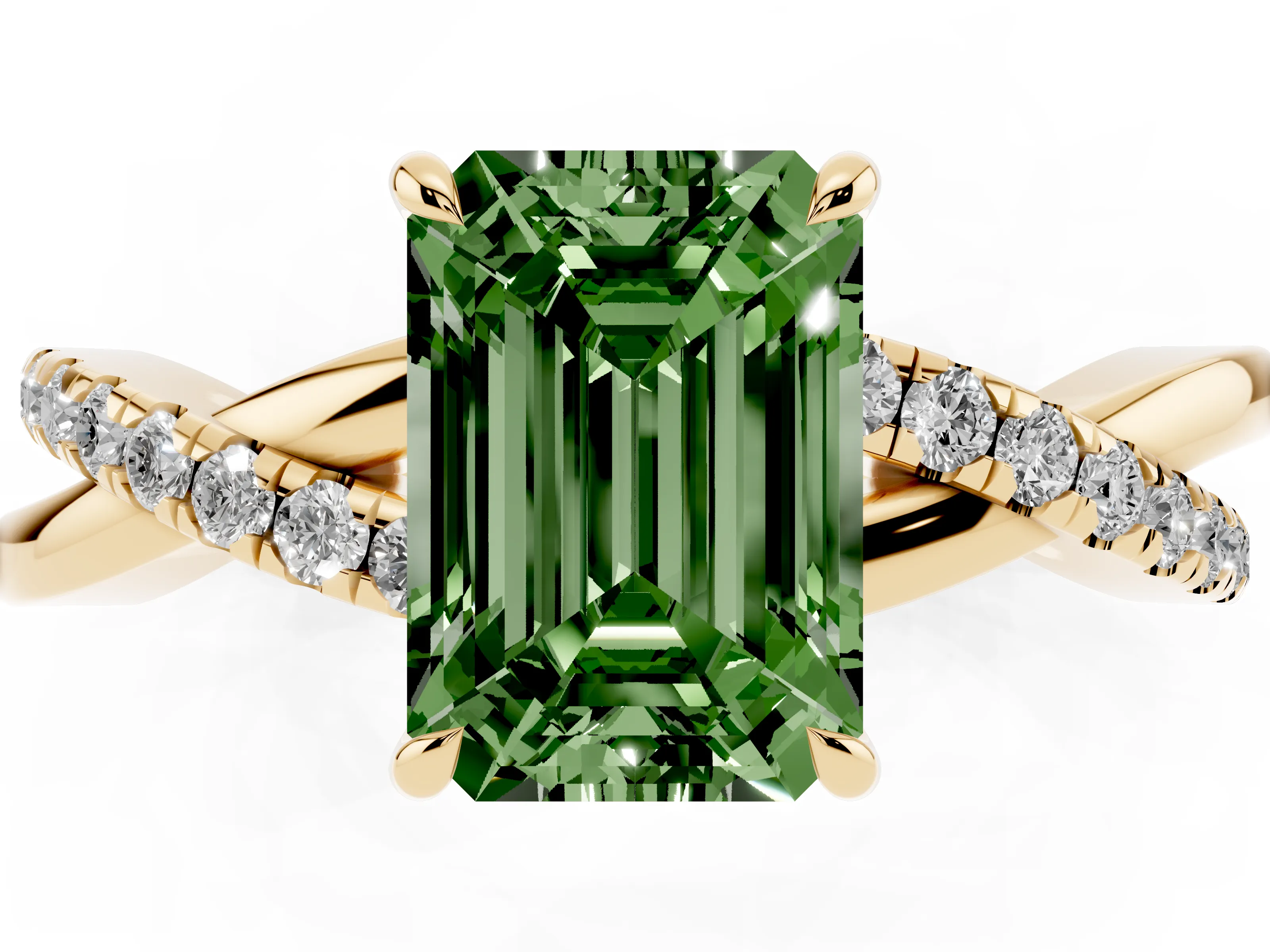 Fancy Green Emerald Cut Diamond Twisted Pavé Band Ring Set in Yellow gold with Prong Setting