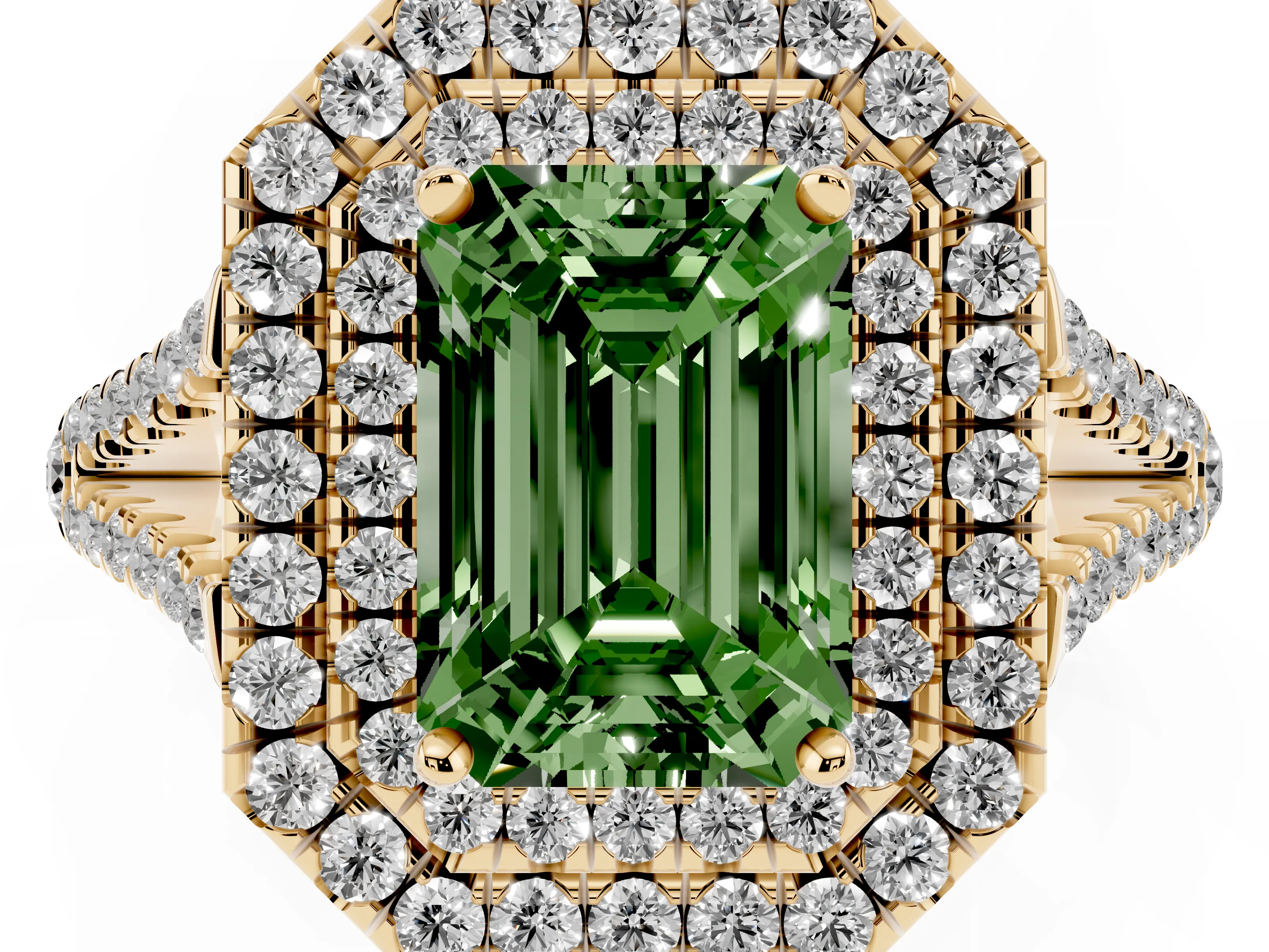 Fancy Green Emerald Cut Diamond Double Halo Ring Set in Yellow gold with Pavé Band