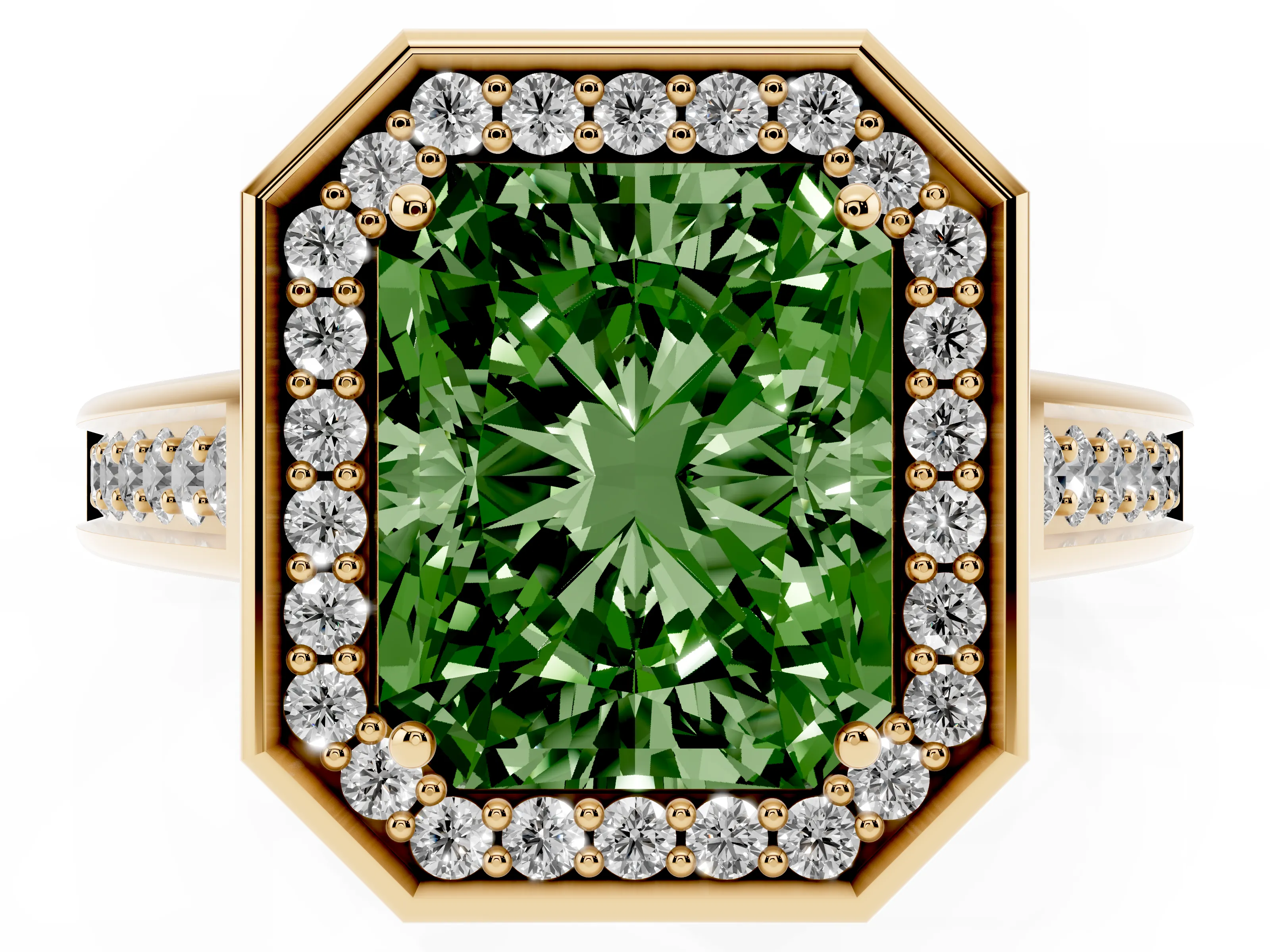 Fancy Green Emerald Cut Diamond Halo Solitaire Ring Set in Yellow gold with Pavé Band and Bezel Setting
