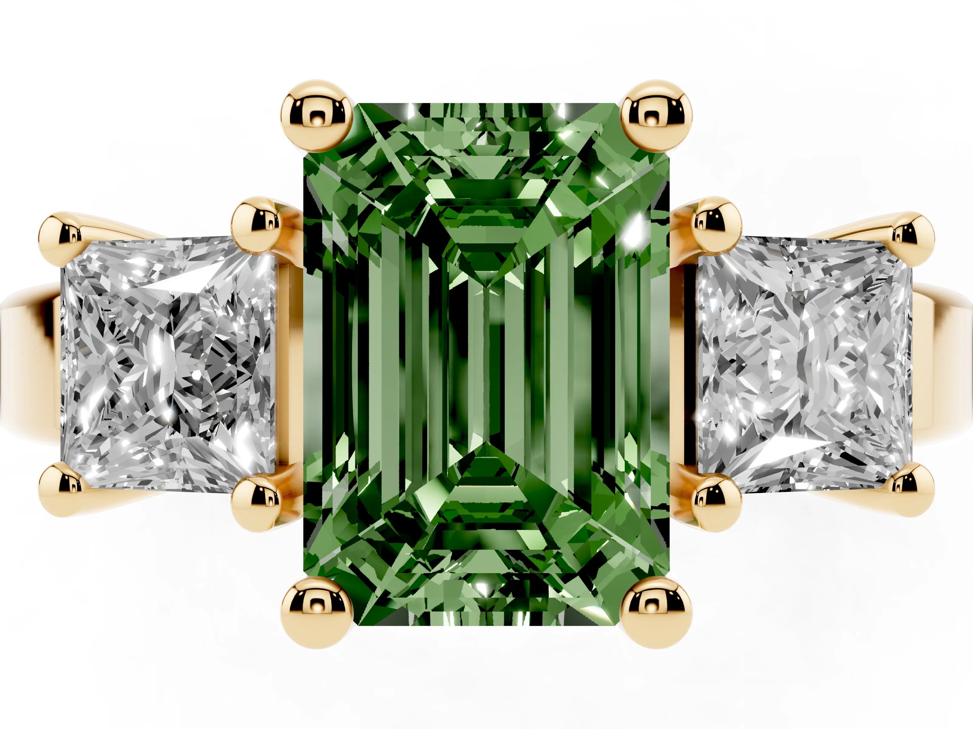 Fancy Green Three-Stone Emerald Cut Diamond Solitaire Ring Set in Yellow gold with Prong Setting