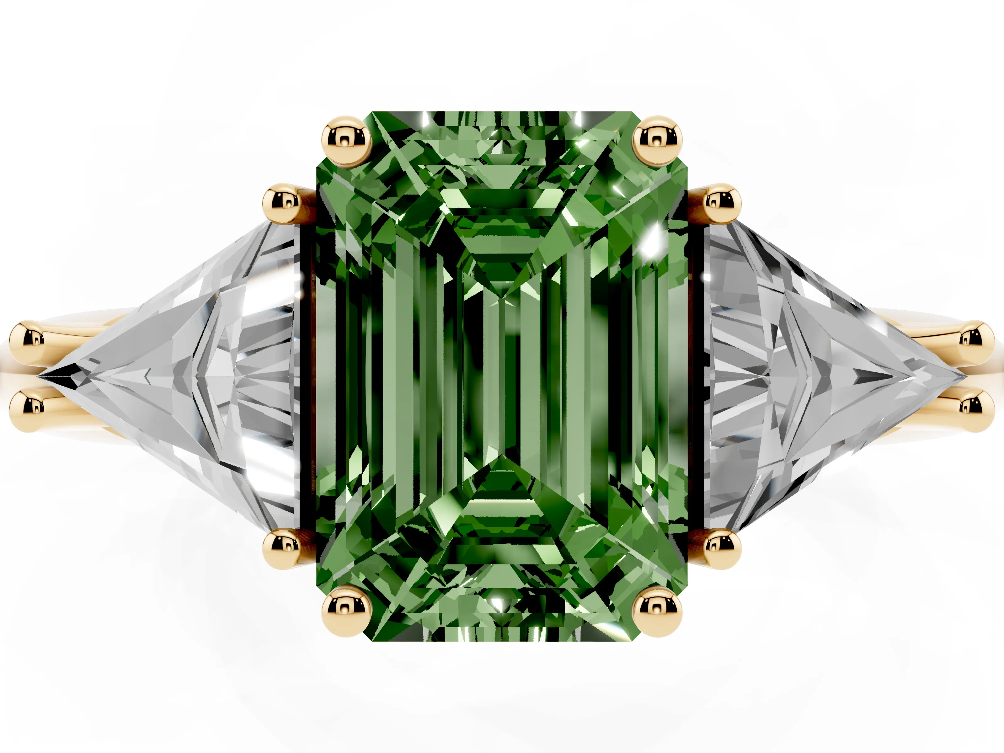 Fancy Green Emerald Cut Diamond Three-Stone Engagement Ring Set in Yellow gold with Trillion Side Stones