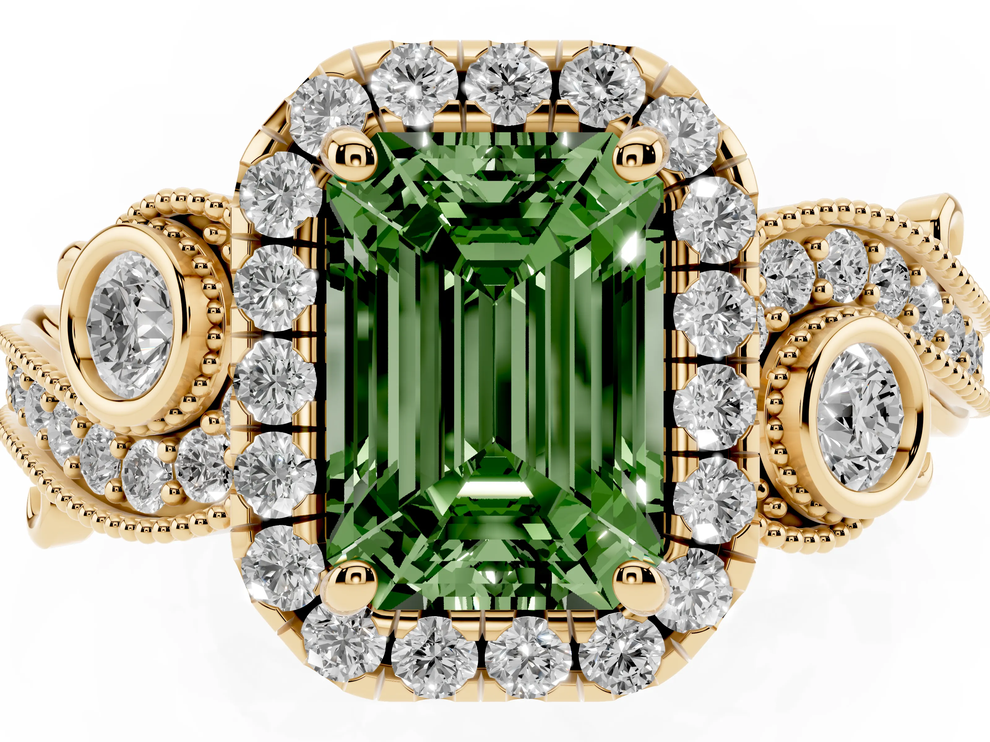 Fancy Green Emerald Cut Diamond Halo Ring Set in Yellow gold with Milgrain Pavé Band and Prong Setting