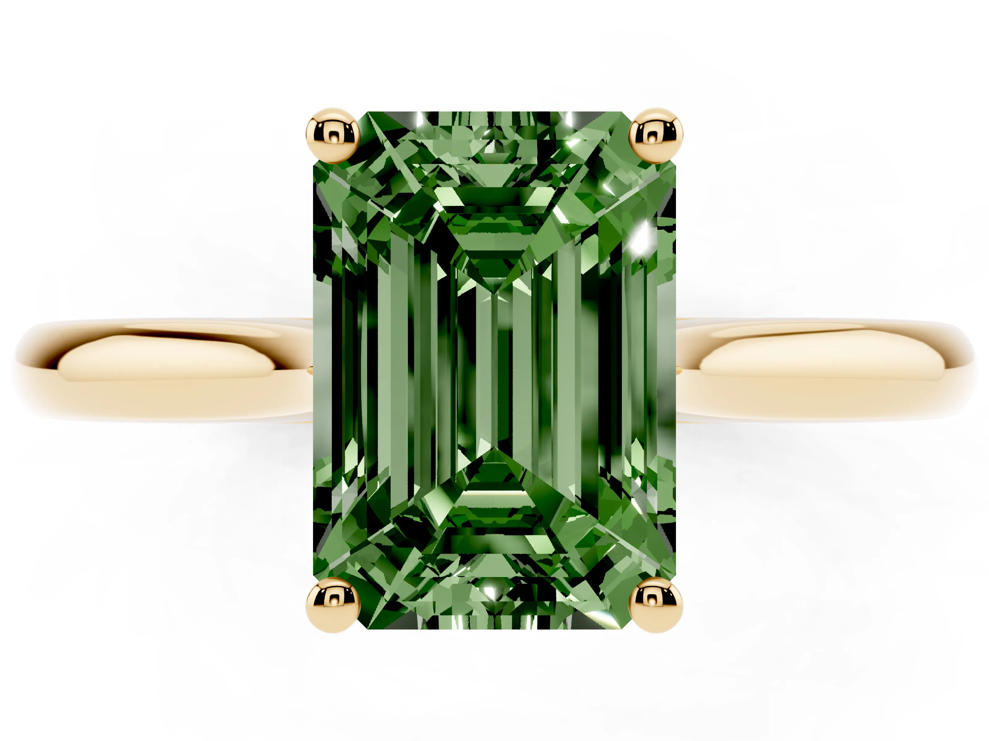 Fancy Green Emerald Cut Diamond Solitaire Ring Set in Yellow gold with Cathedral Band and Prong Setting