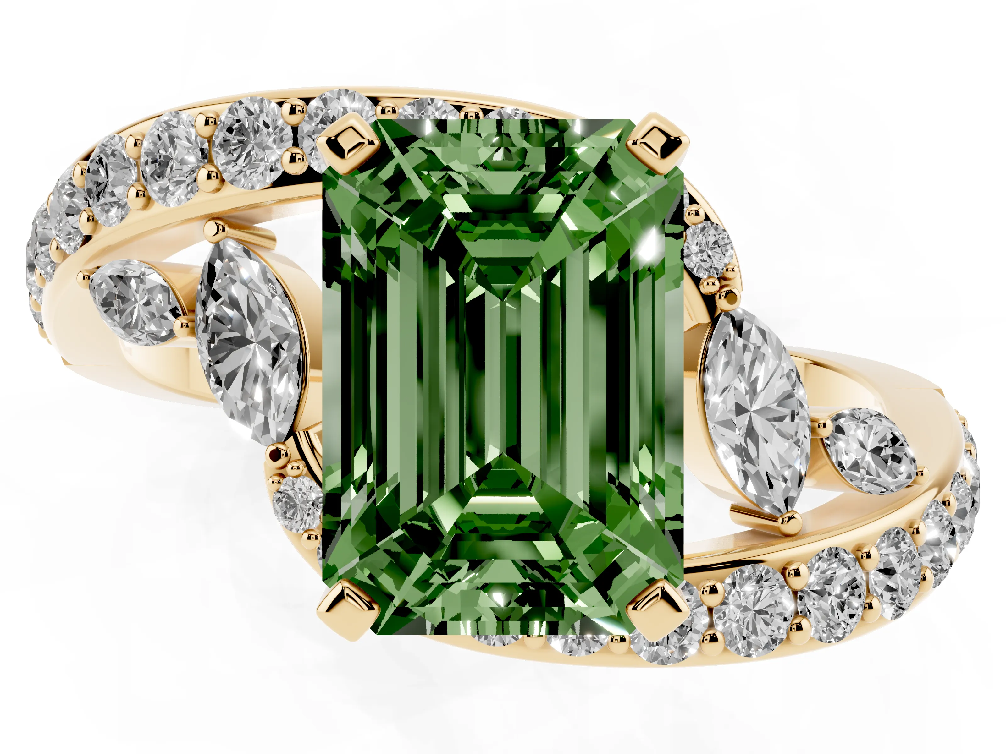 Fancy Green Emerald Cut Diamond Solitaire Ring Set in Yellow gold with Pavé Twist Band and Secure Prong Setting