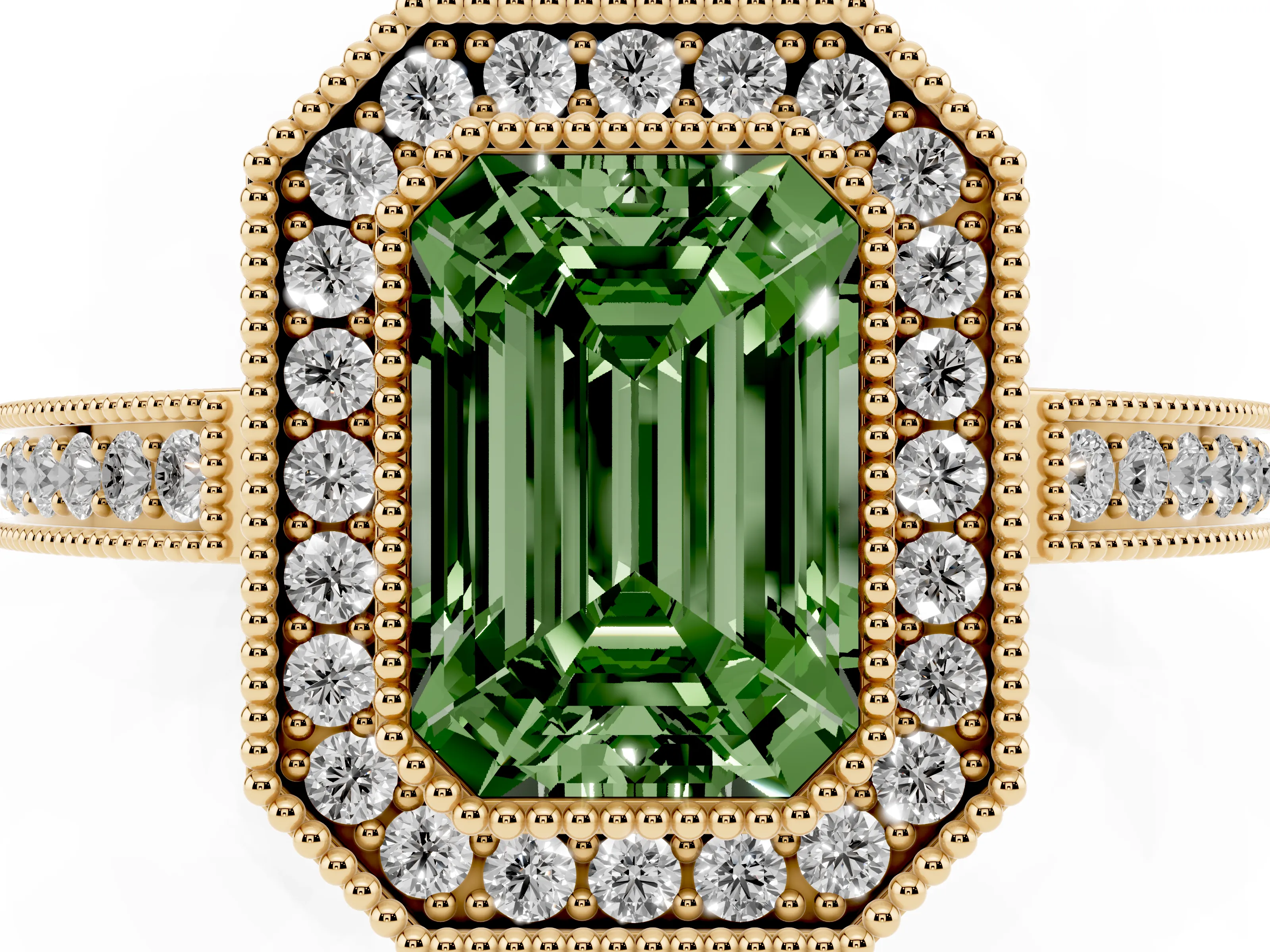 Fancy Green Emerald Cut Diamond Halo Ring Set in Yellow gold with Pavé Band and Milgrain-Edged Prongs