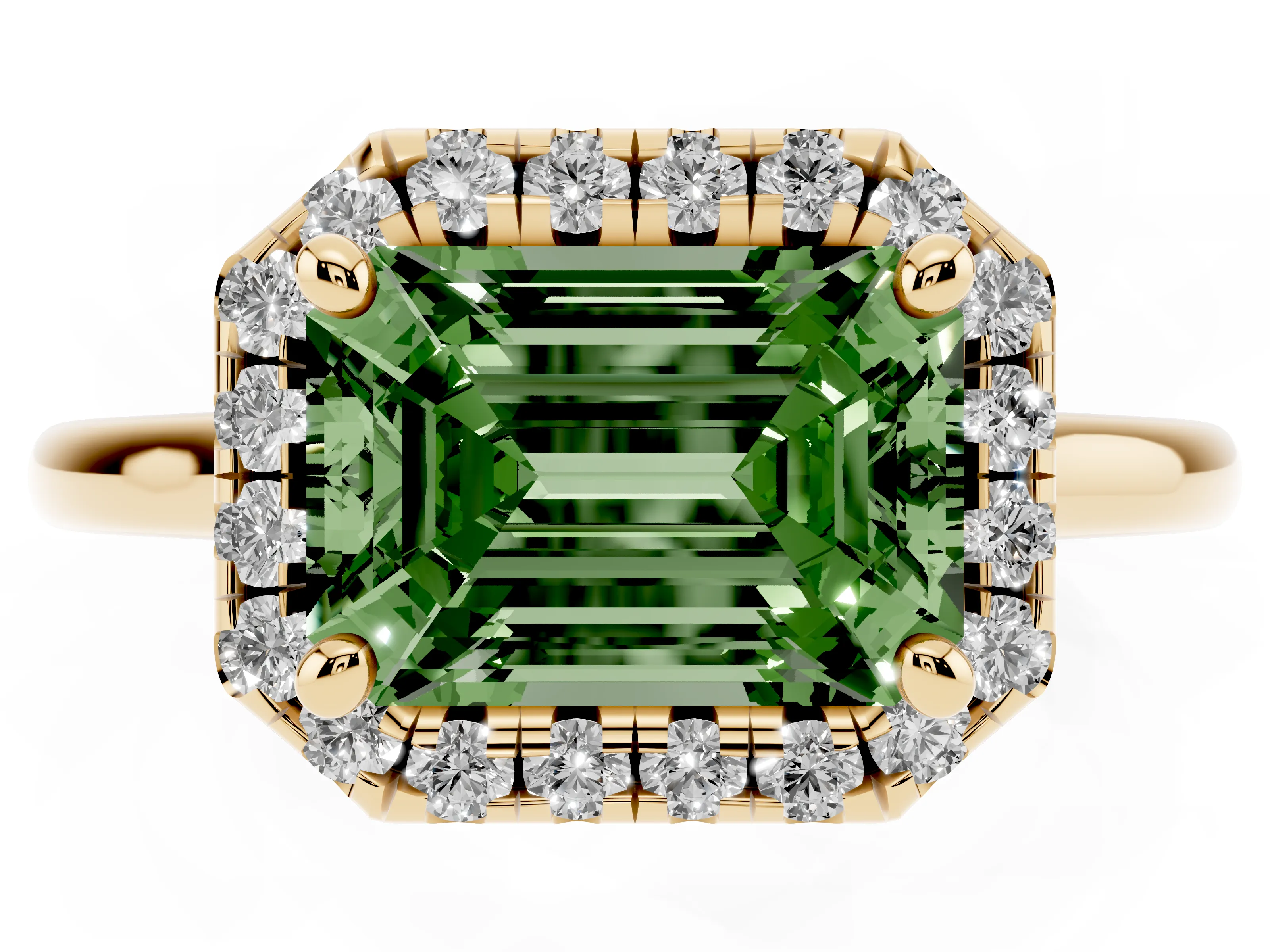 Fancy Green Emerald Cut Diamond Halo Engagement Ring Set in Yellow gold with Pavé Band and Rising Shoulders