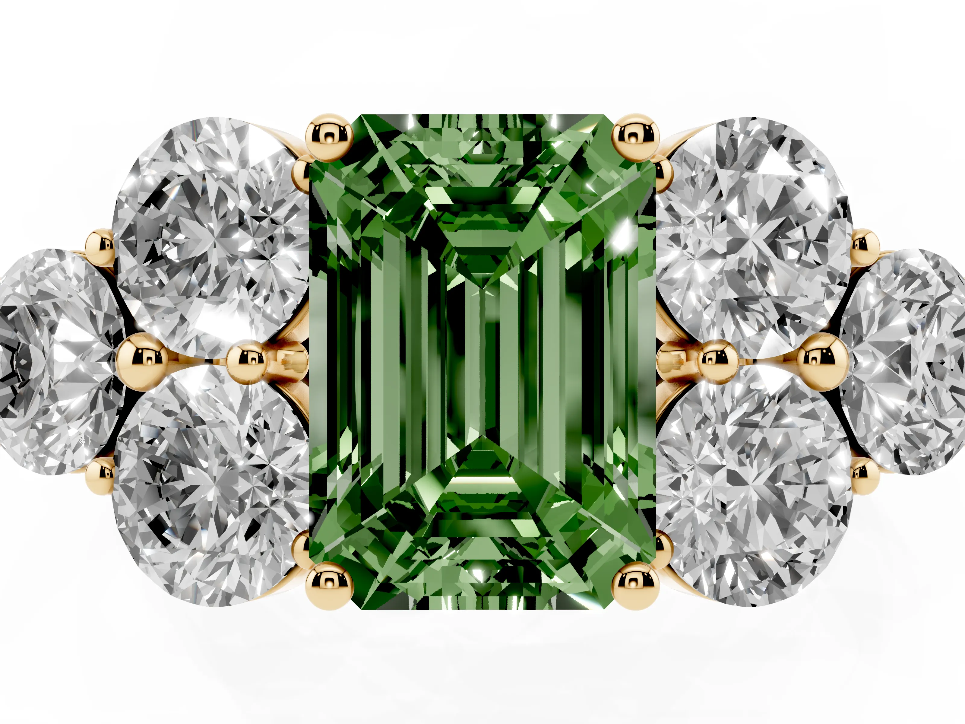 Fancy Green Emerald Cut Diamond Cluster Ring Set in Yellow gold with Round Accent Stones and Prong Setting on a Plain Band