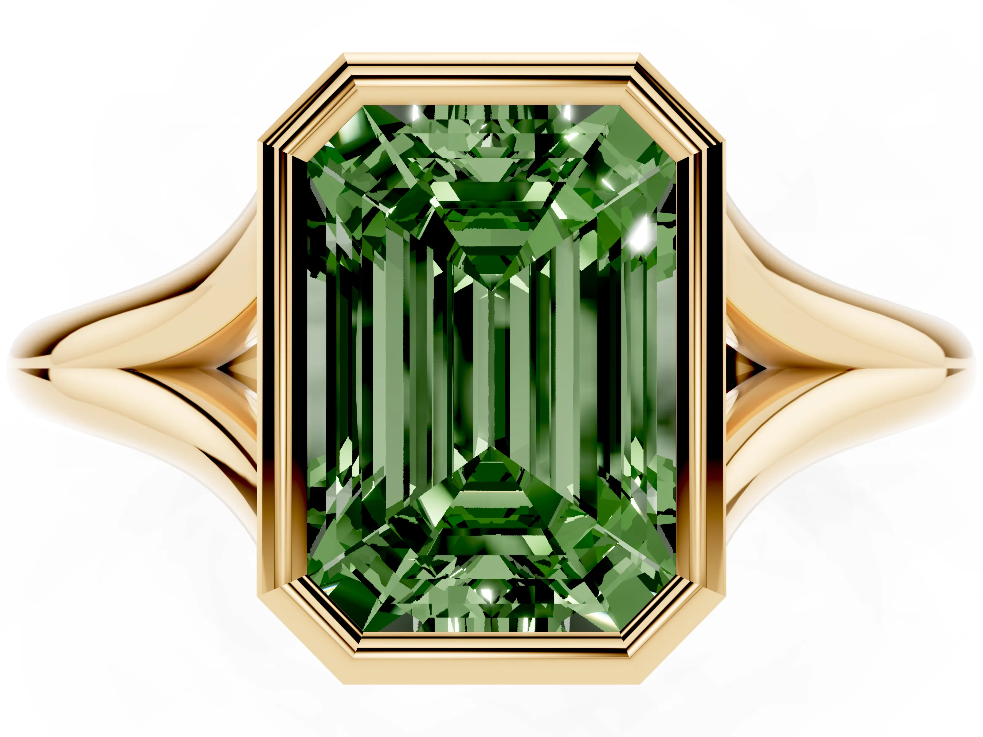 Fancy Green Bezel Set Emerald Cut Diamond Solitaire Ring Set in Yellow gold with Tapered Band