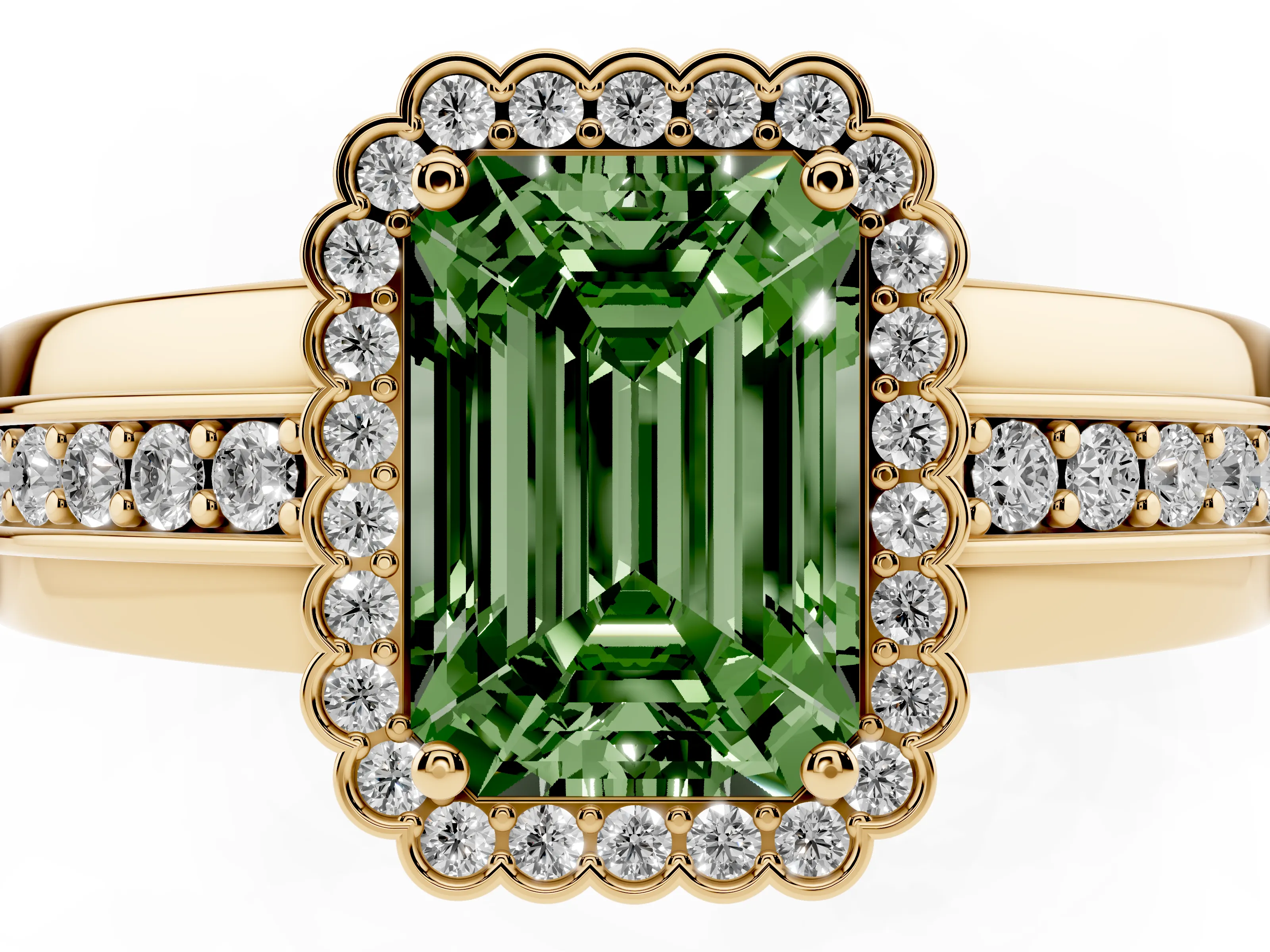 Fancy Green Emerald Cut Diamond Halo Prong Ring Set in Yellow gold with Pavé Band