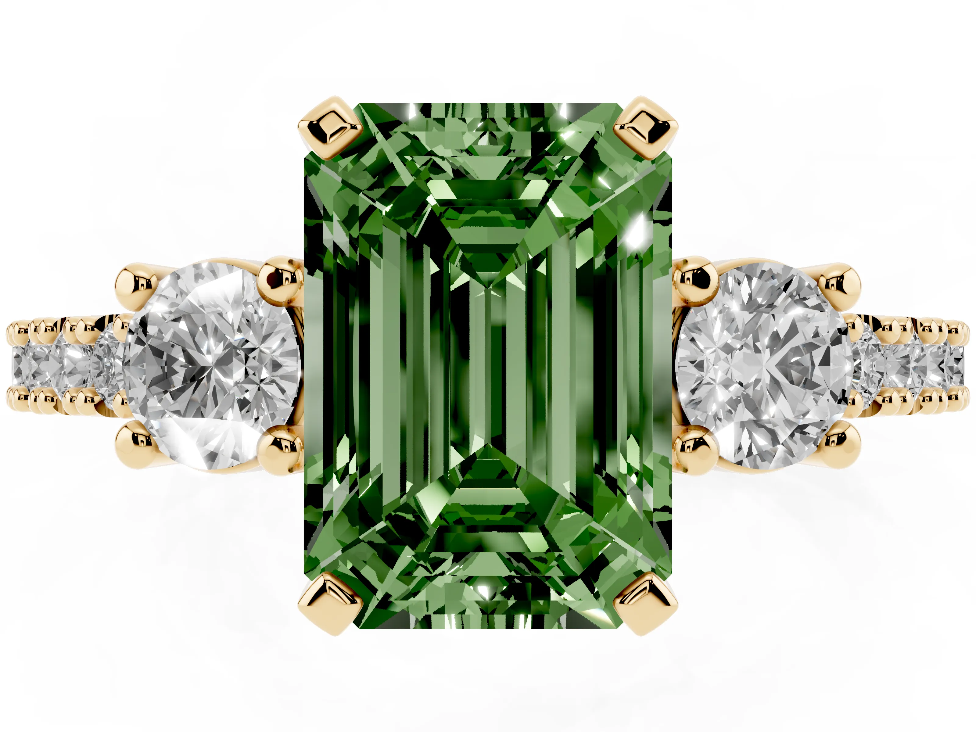 Fancy Green Three-Stone Emerald Cut Diamond Pavé Band Ring Set in Yellow gold with Prong Setting