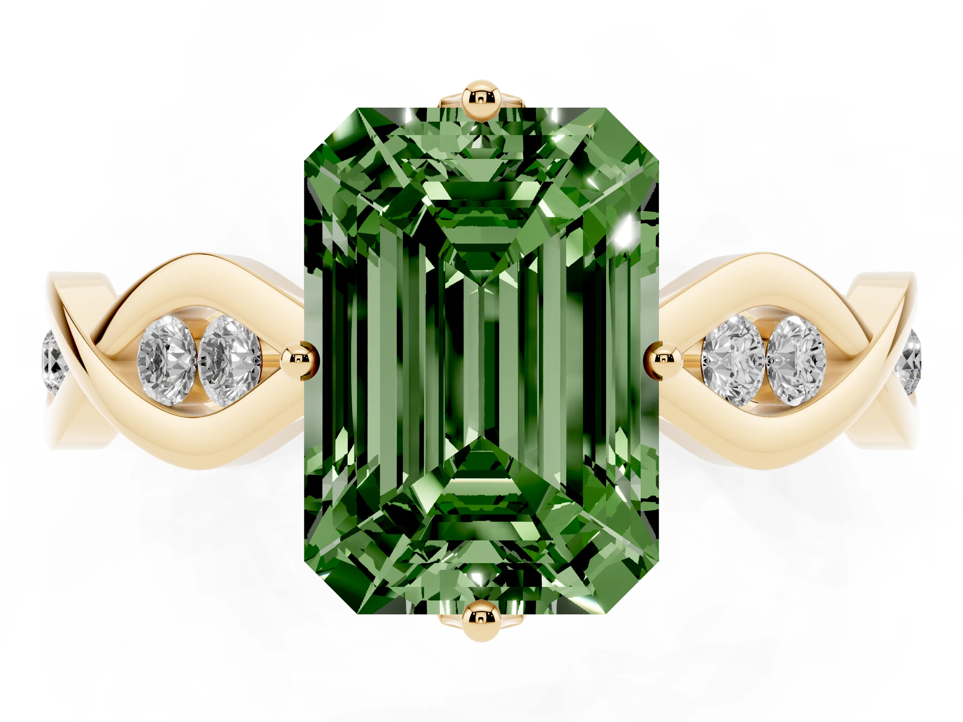 Fancy Green Emerald Cut Diamond Twist Band Solitaire Ring Set in Yellow gold with Leaf Prong Setting and Accent Stones