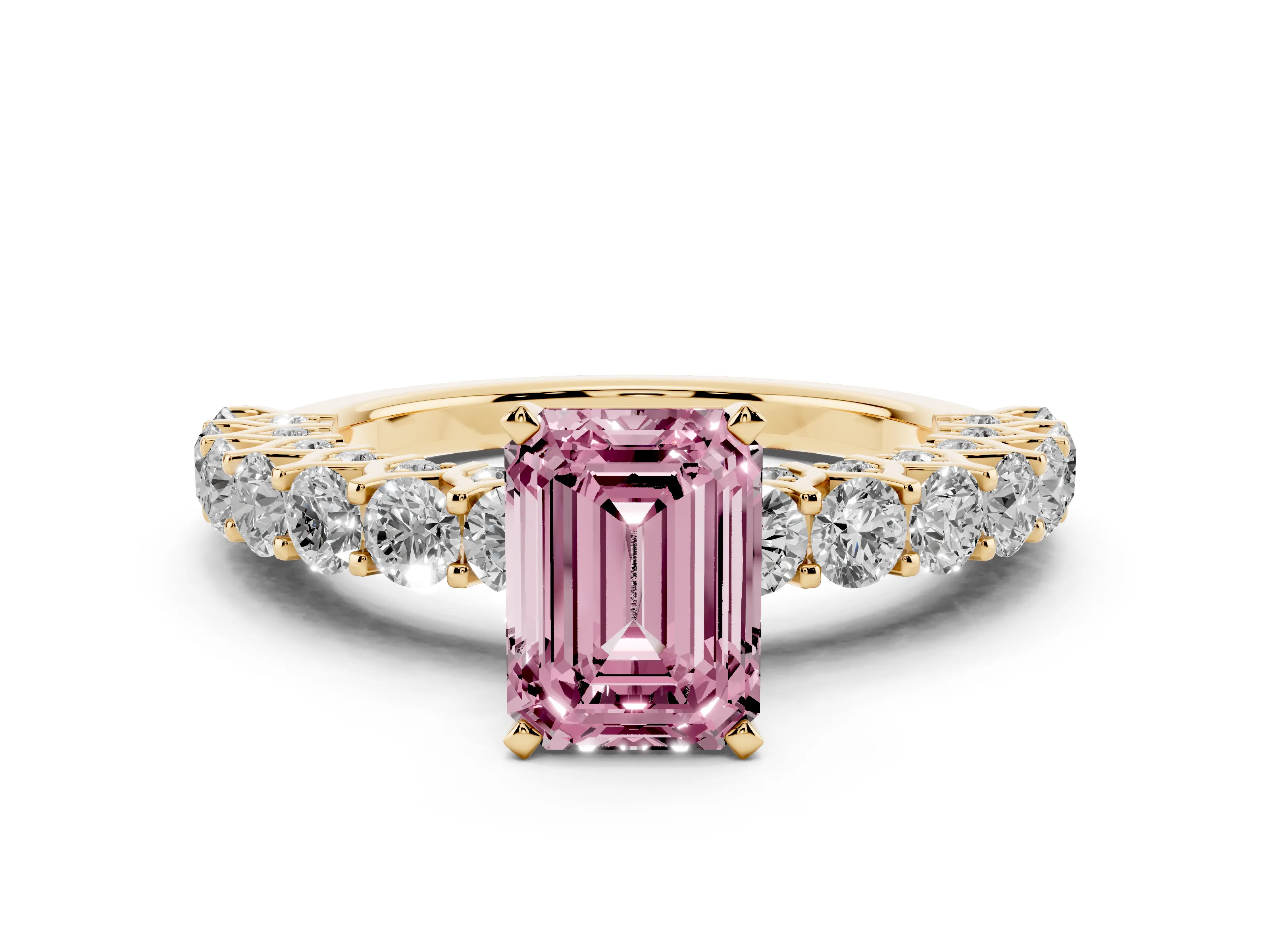 Fancy Pink Emerald Cut Diamond Solitaire Ring Set in Yellow gold with Shared Prong Pavé Band