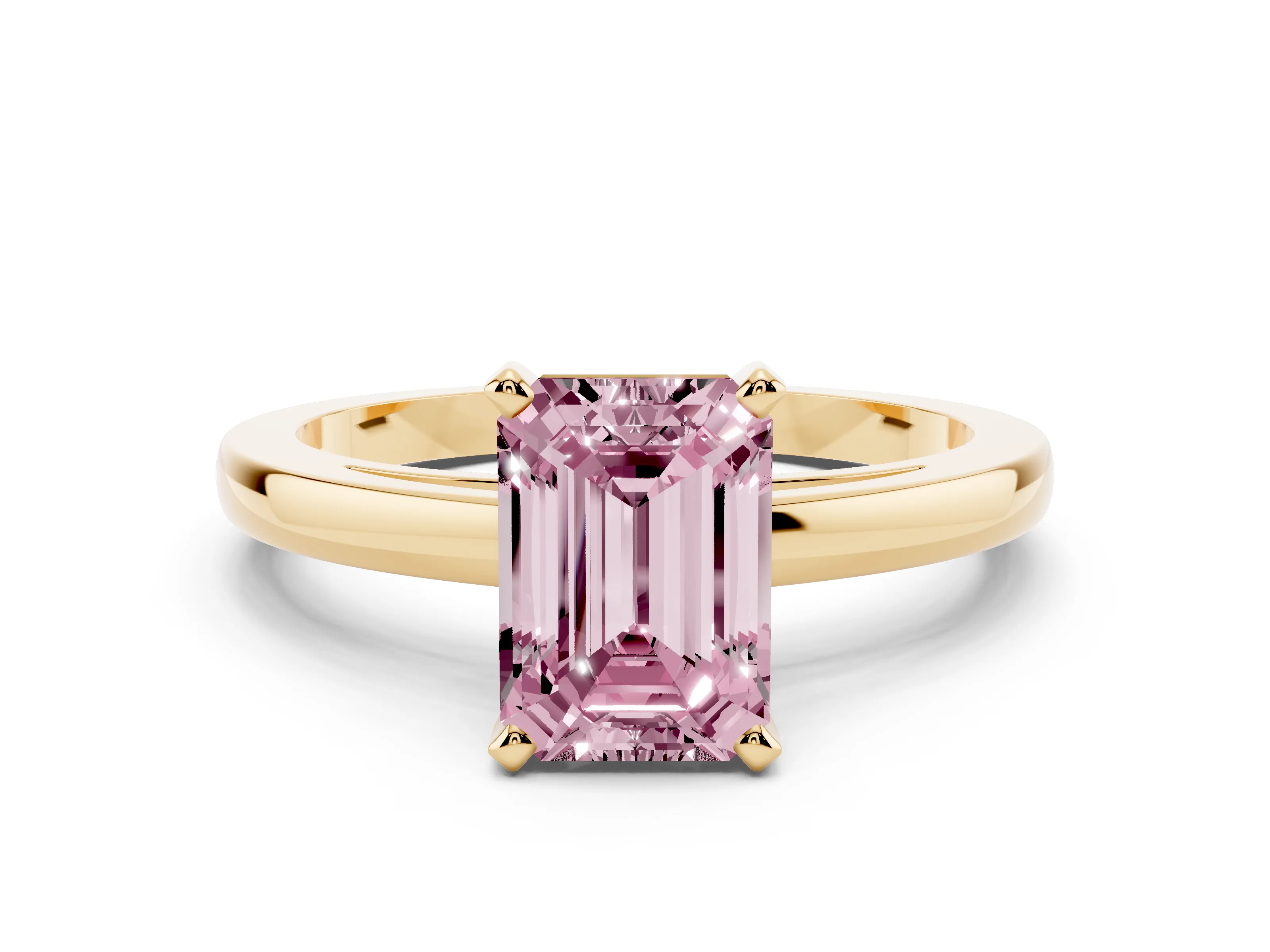 Fancy Pink Emerald Cut Diamond Solitaire Engagement Ring Set in Yellow gold with Prong Setting on a Classic Band