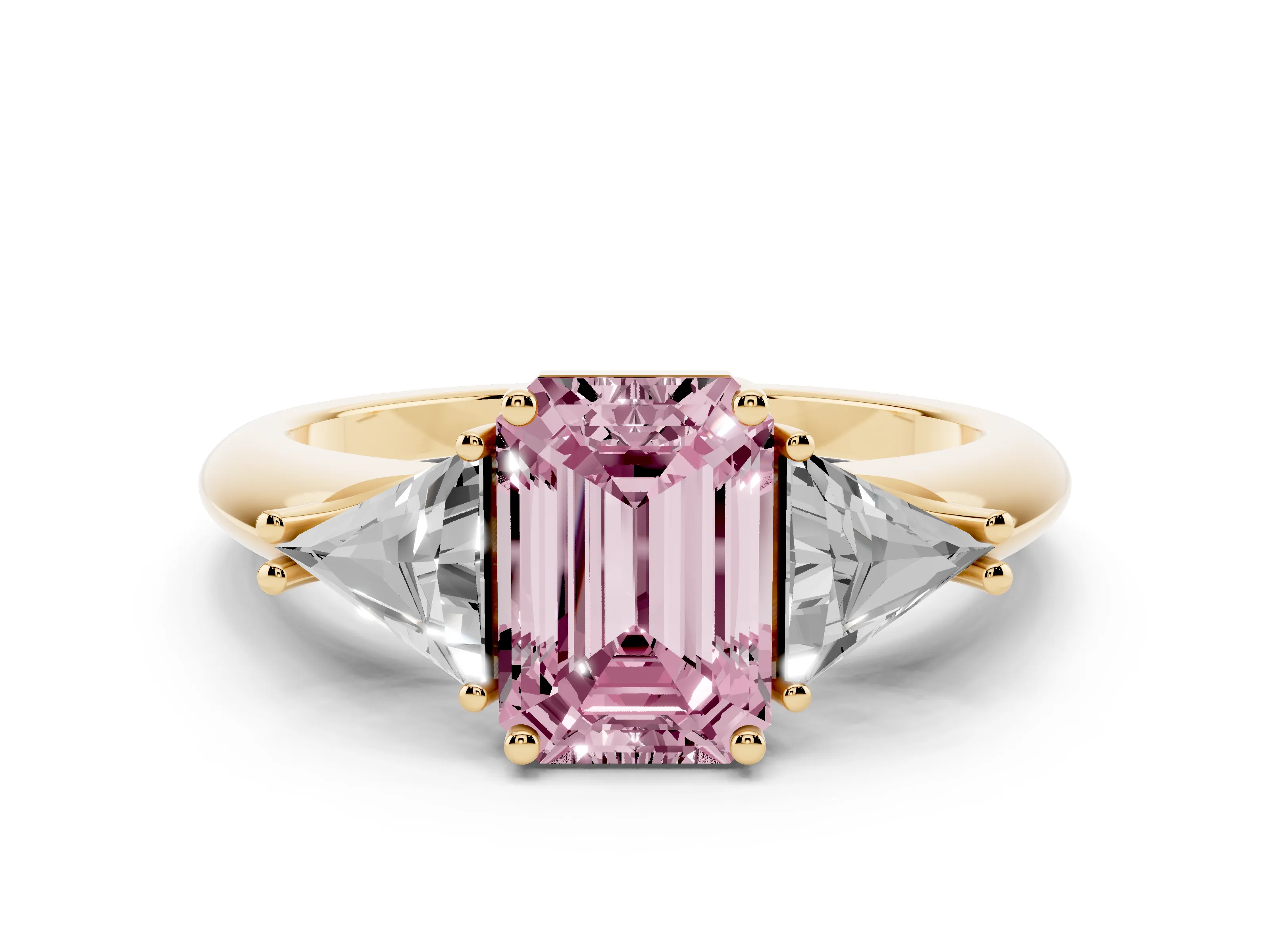 Fancy Pink Emerald Cut Diamond Three-Stone Engagement Ring Set in Yellow gold with Trillion Side Stones