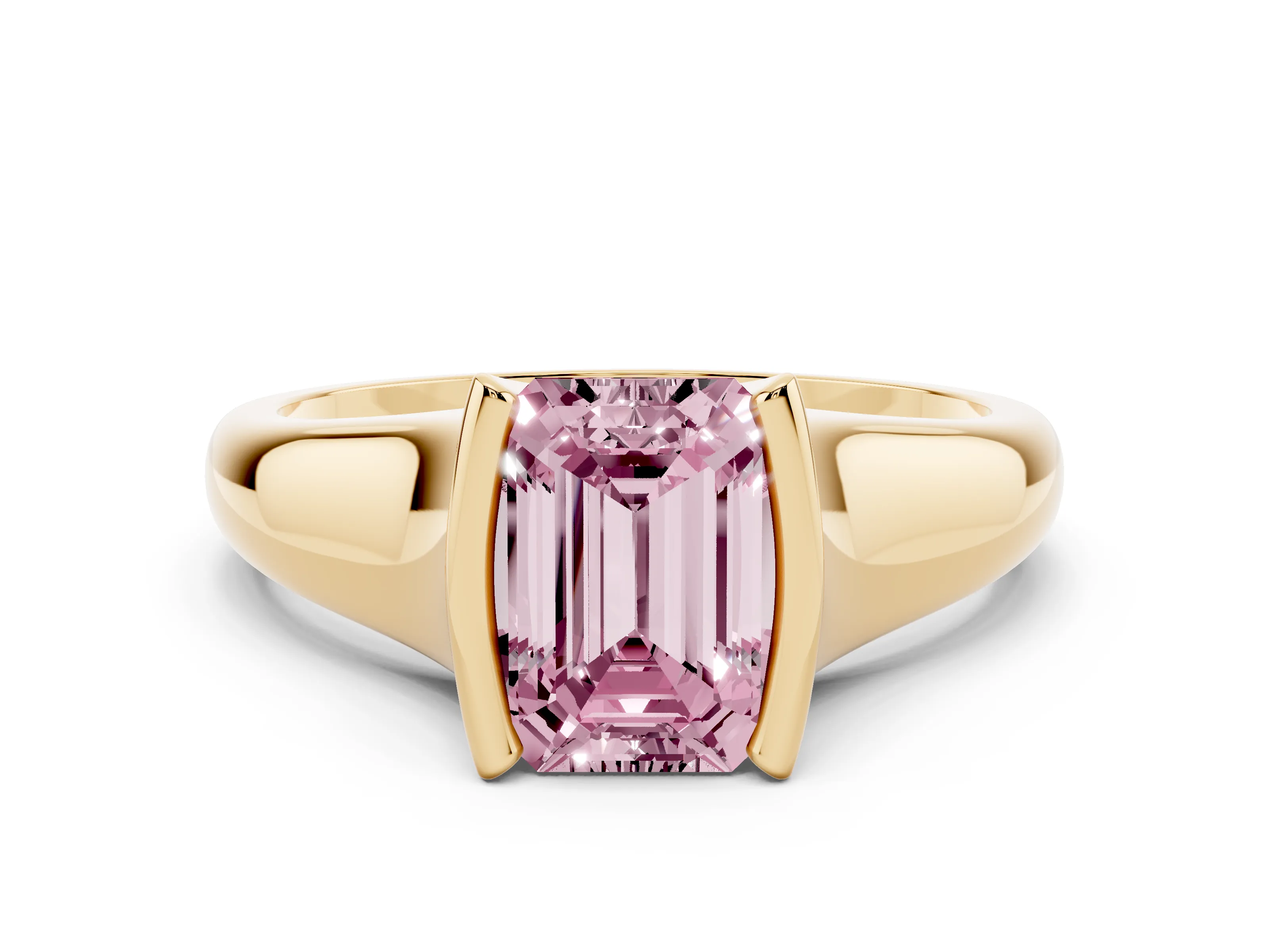 Fancy Pink Emerald Cut Diamond Solitaire Tension Set Ring Set in Yellow gold with Split Shank Band