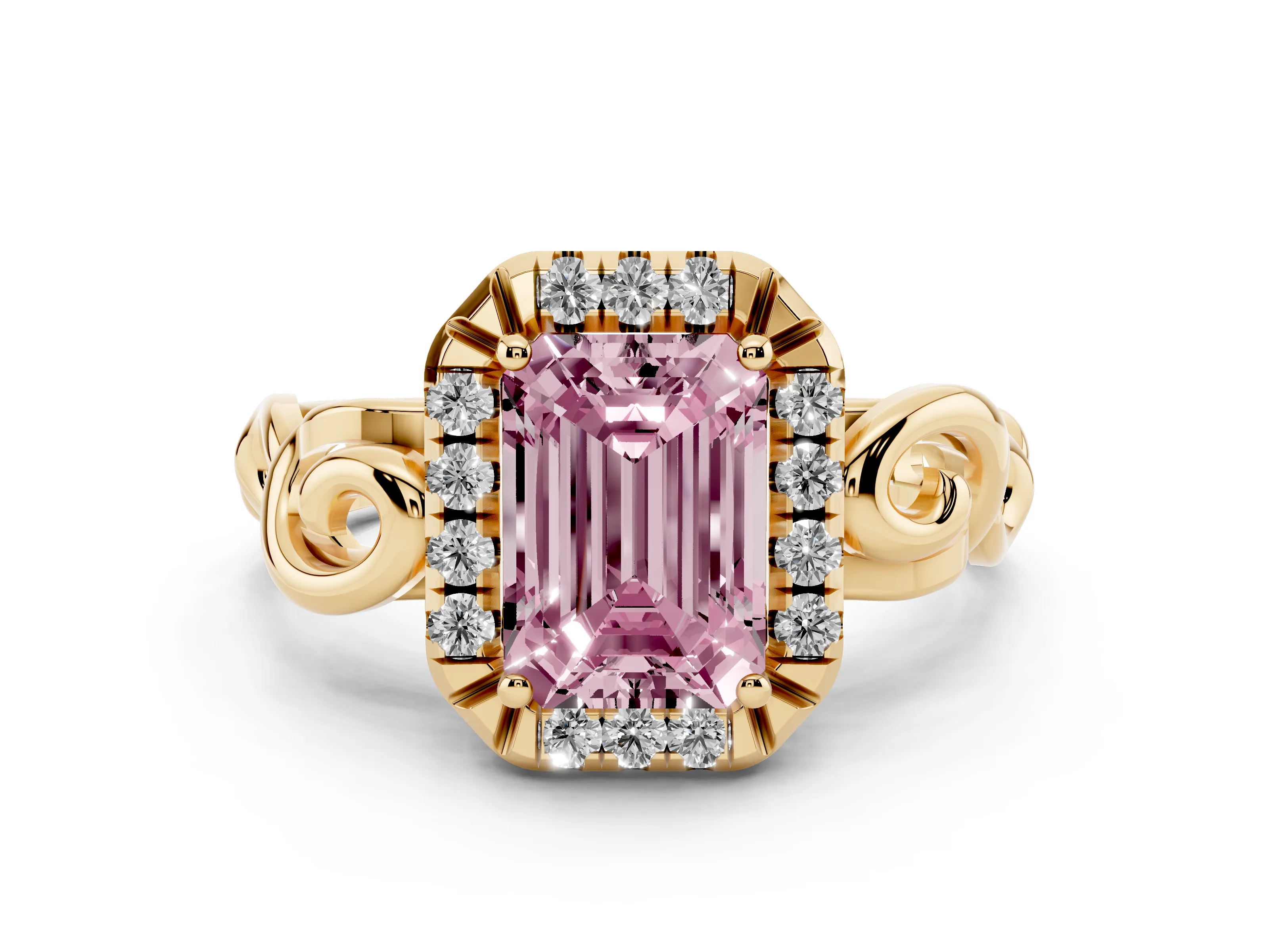 Fancy Pink Emerald Cut Diamond Halo Ring Set in Yellow gold with Scrollwork Band and Prong Setting