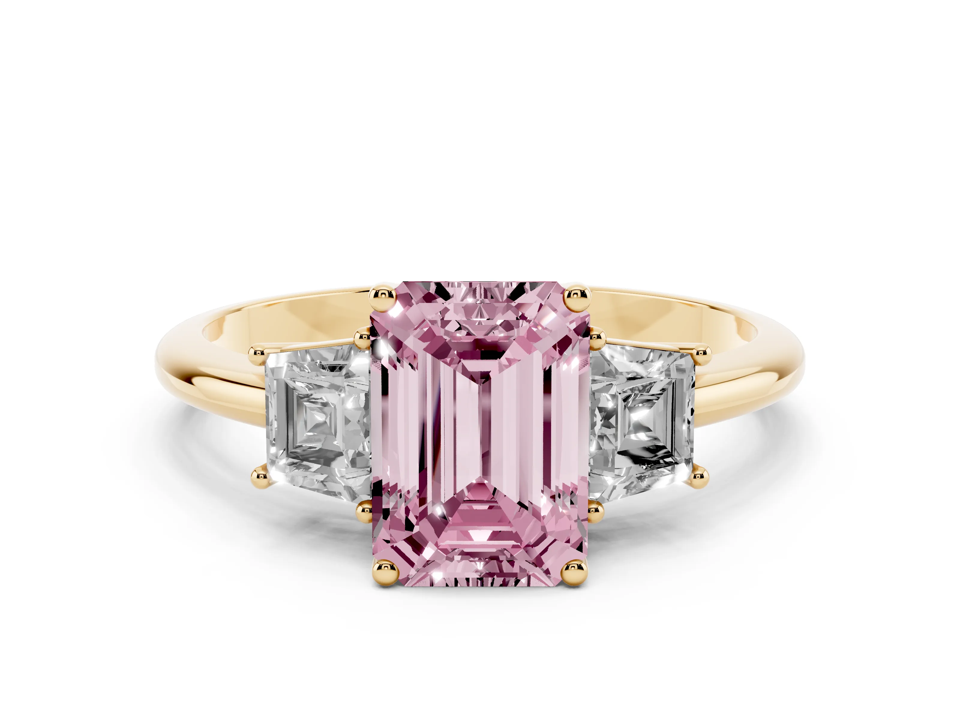 Fancy Pink Emerald Cut Diamond Three-Stone Ring Set in Yellow gold with Trapezoid Side Stones and Prong Setting