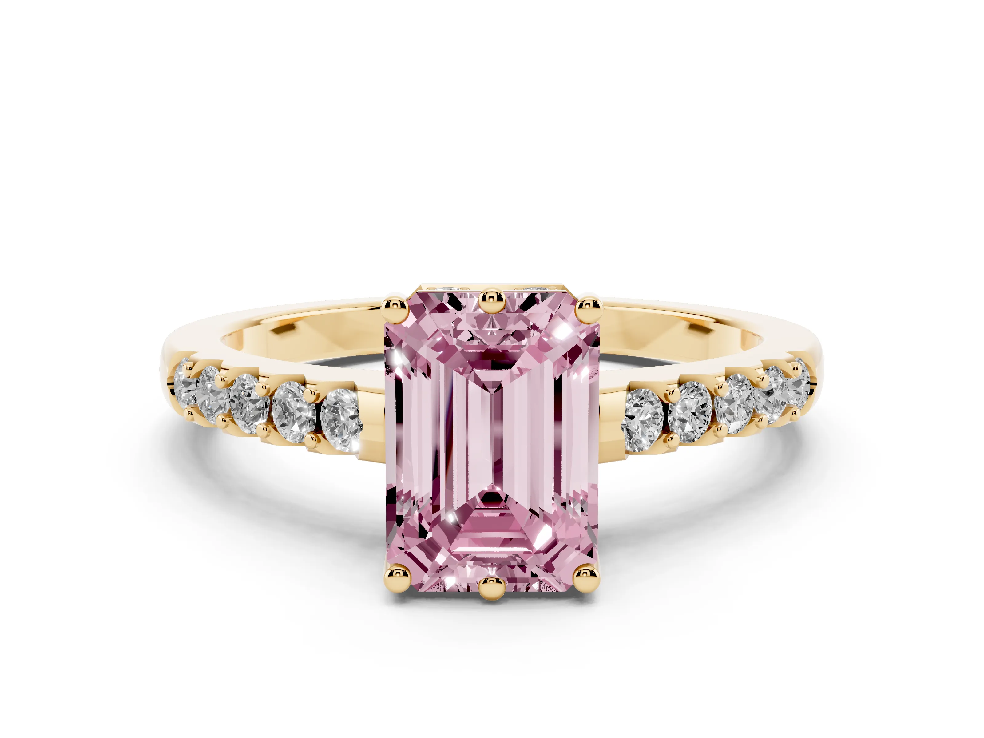 Fancy Pink Emerald Cut Diamond Solitaire Engagement Ring Set in Yellow gold with Pavé Band and Prong Setting