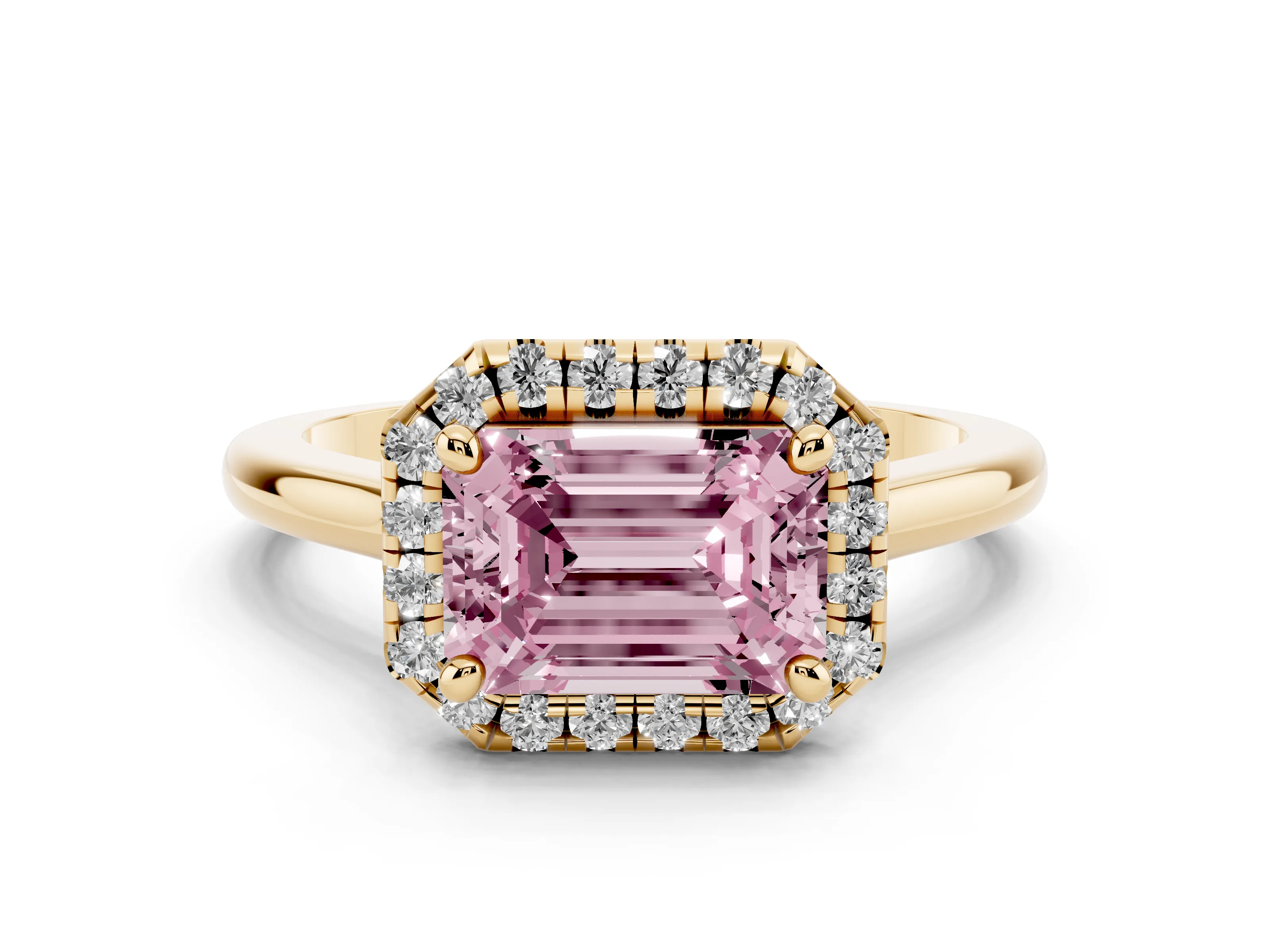 Fancy Pink Emerald Cut Diamond Halo Engagement Ring Set in Yellow gold with Pavé Band and Rising Shoulders