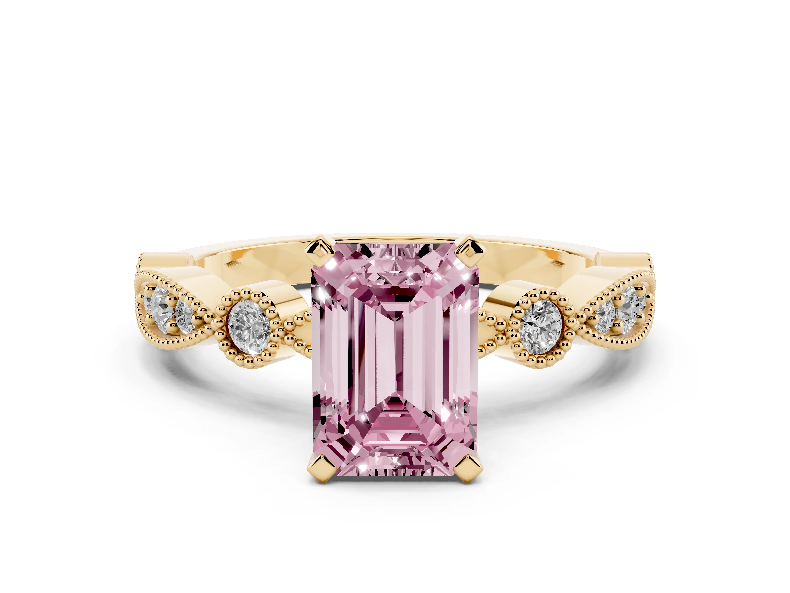 Fancy Pink Emerald Cut Diamond Solitaire Engagement Ring Set in Yellow gold with Milgrain Bezel Accent Band