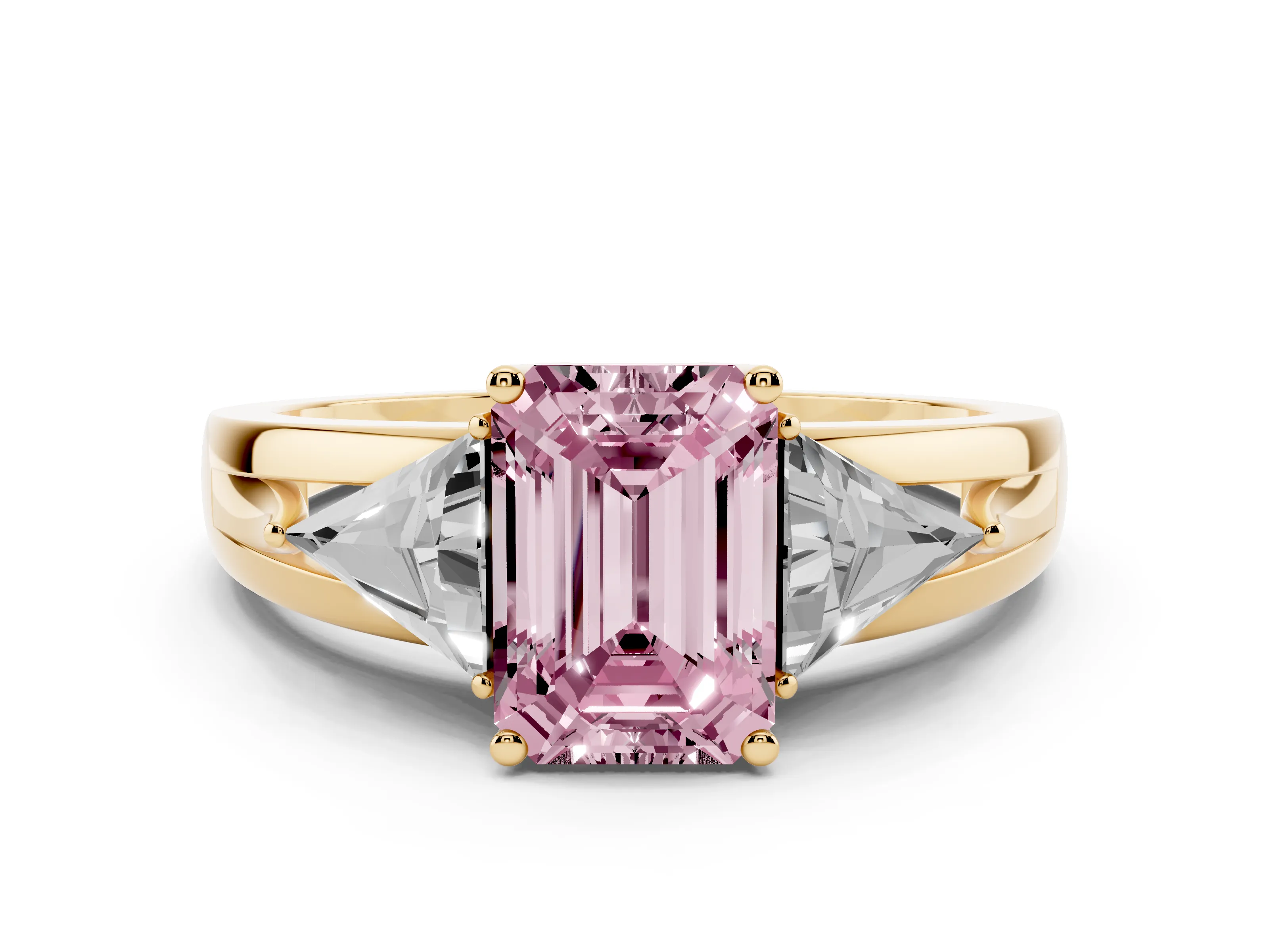 Fancy Pink Emerald Cut Diamond Three-Stone Ring Set in Yellow gold with Trillion Side Stones and Split Shank