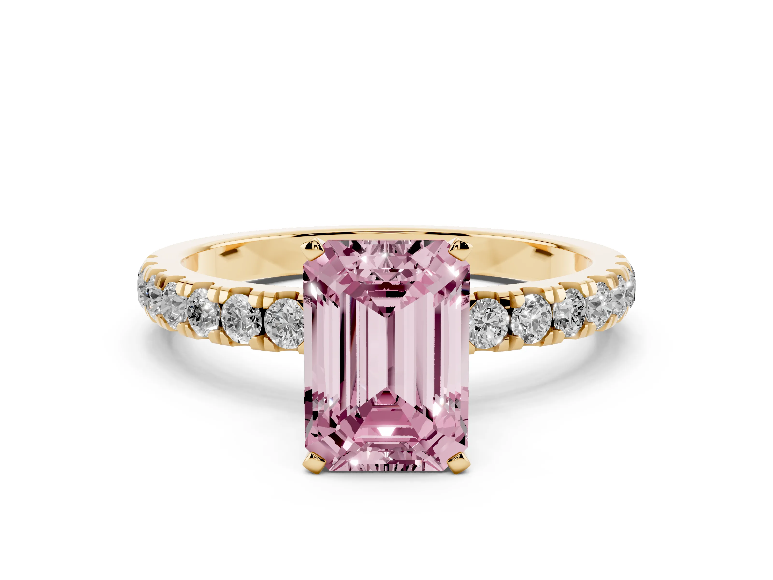 Fancy Pink Emerald Cut Diamond Solitaire Ring Set in Yellow gold with Pavé Accents and Prong Setting