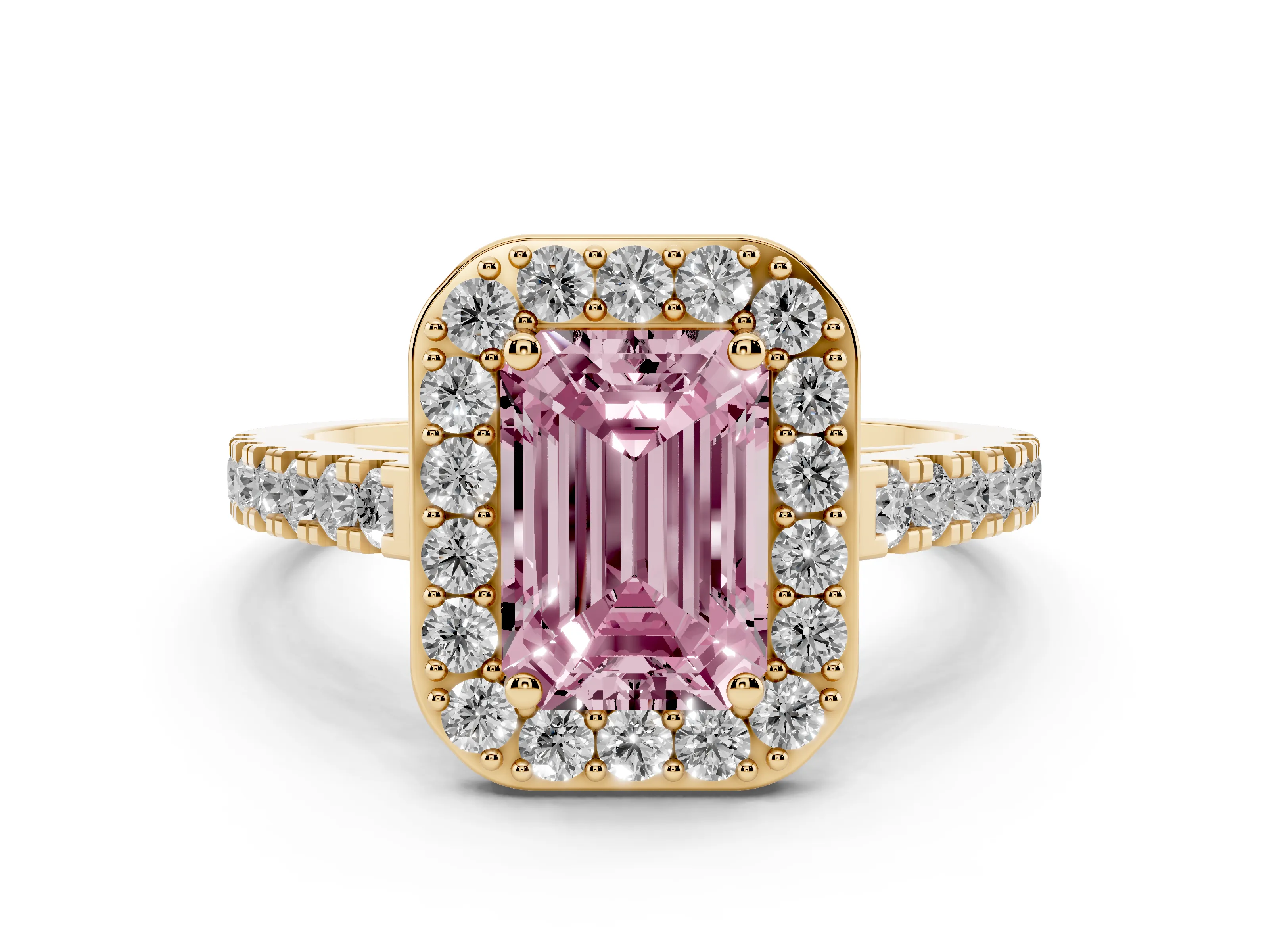 Fancy Pink Emerald Cut Diamond Halo Ring Set in Yellow gold with Round Pavé Split Shank and Prong Setting