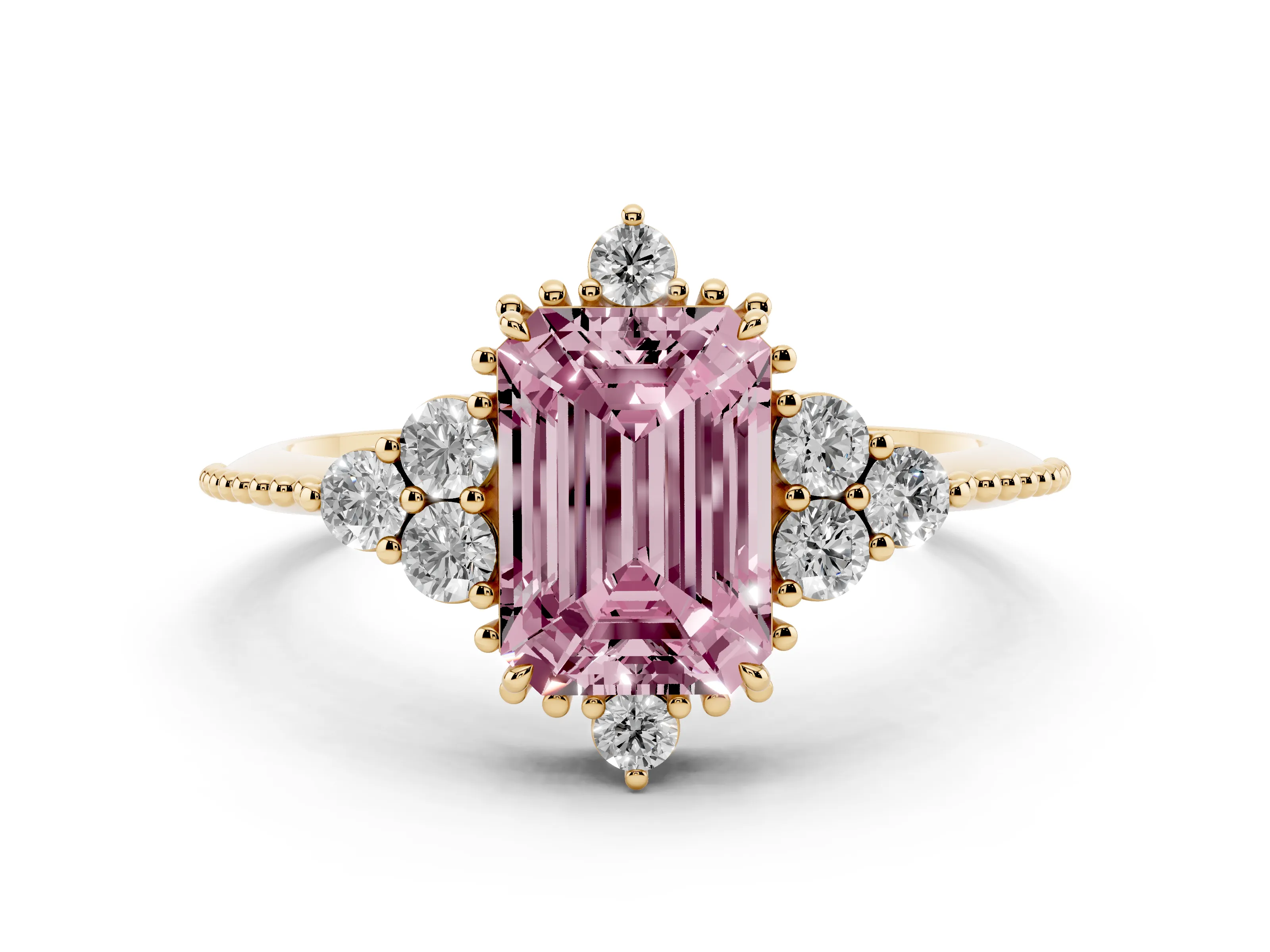 Fancy Pink Emerald Cut Diamond Cluster Ring Set in Yellow gold with Beaded Band
