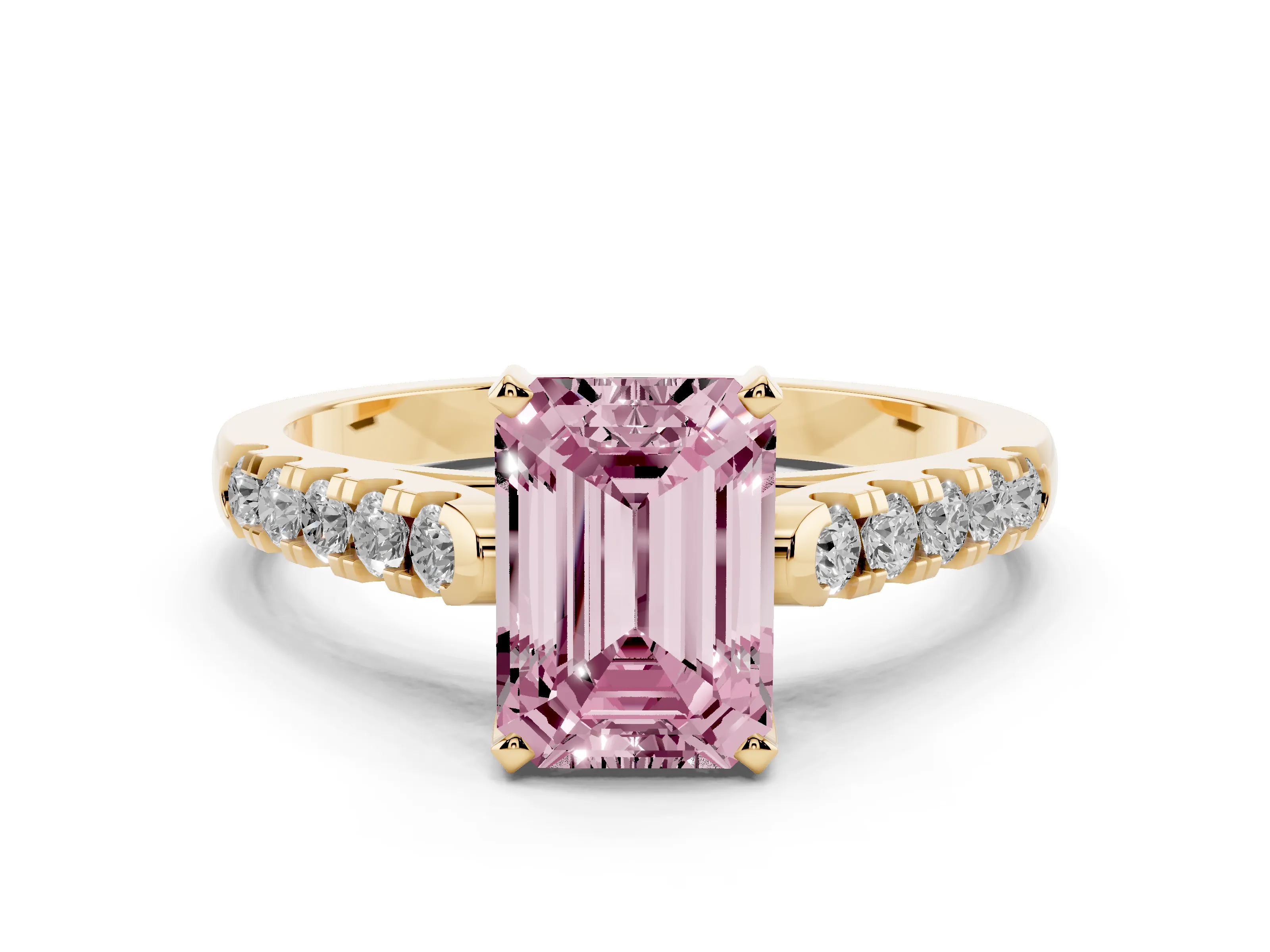 Fancy Pink Emerald Cut Diamond Pavé Band Solitaire Ring Set in Yellow gold with Partway Accent Stones and Prong Setting