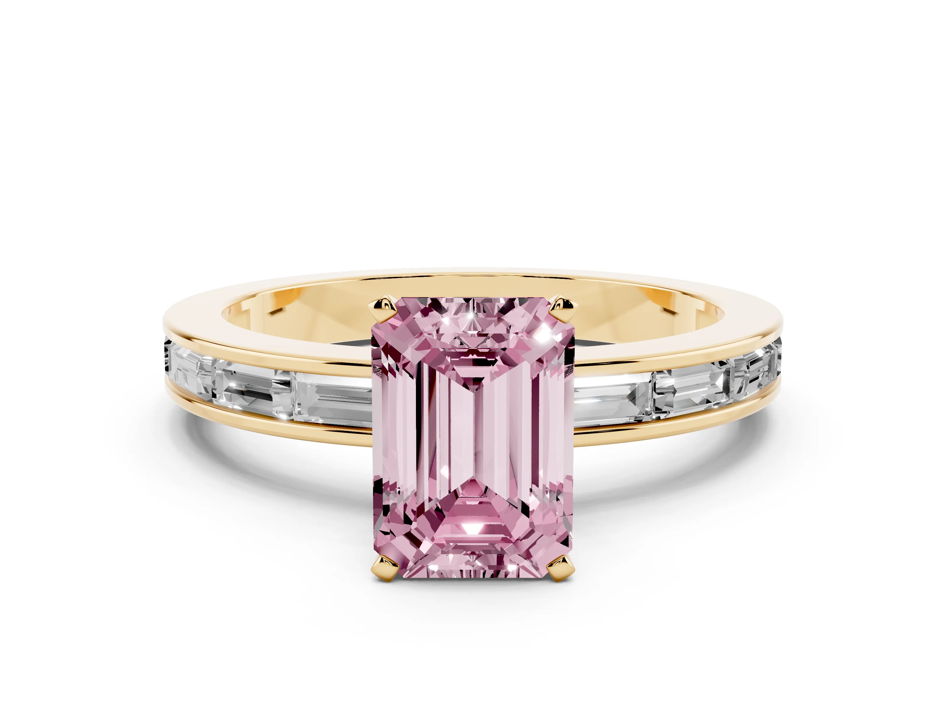 Fancy Pink Emerald Cut Diamond Solitaire Ring Set in Yellow gold with Channel-Set Baguette Band and Prong Setting
